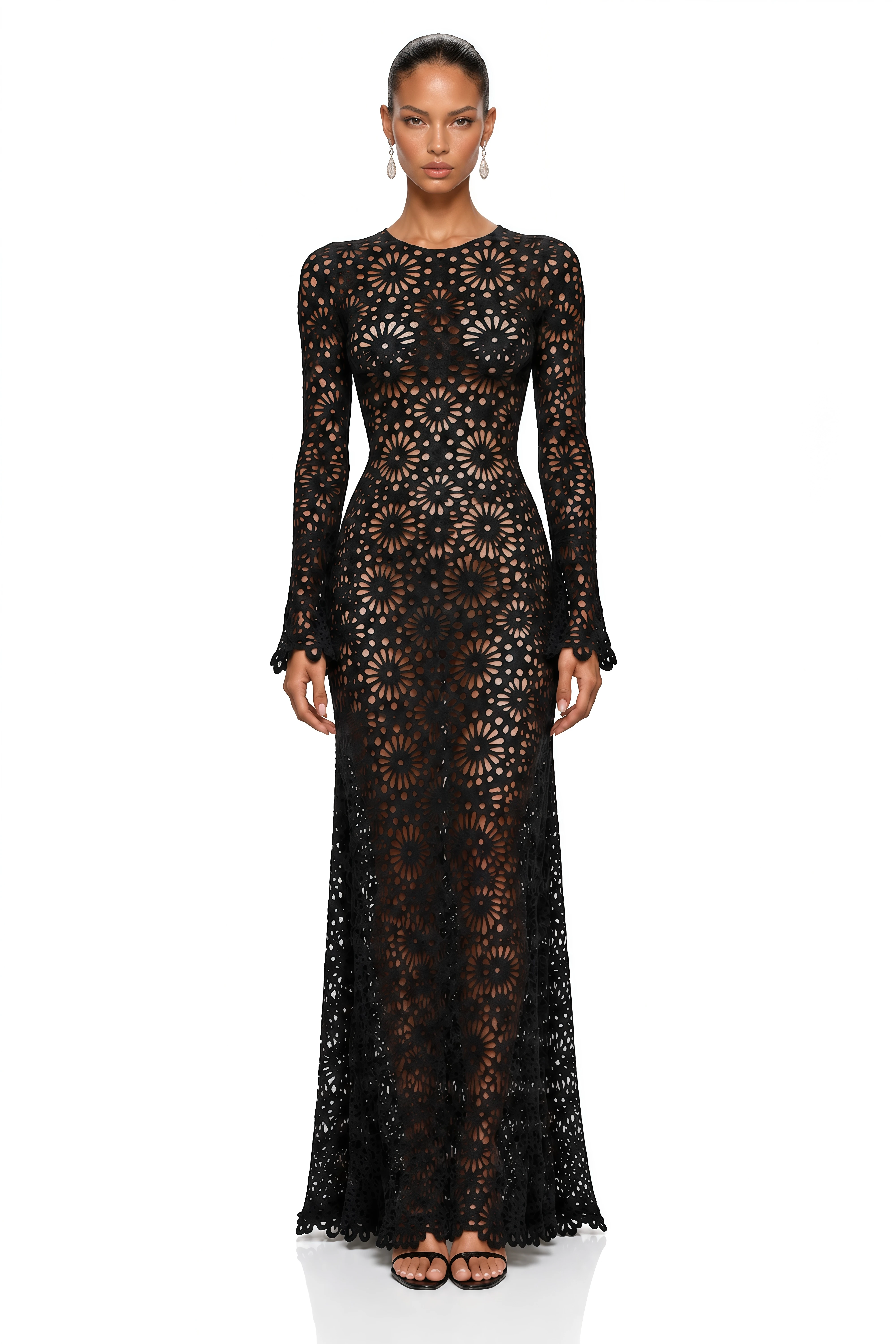 Amaya Black Floral Cut-Out Long Sleeve Maxi Dress