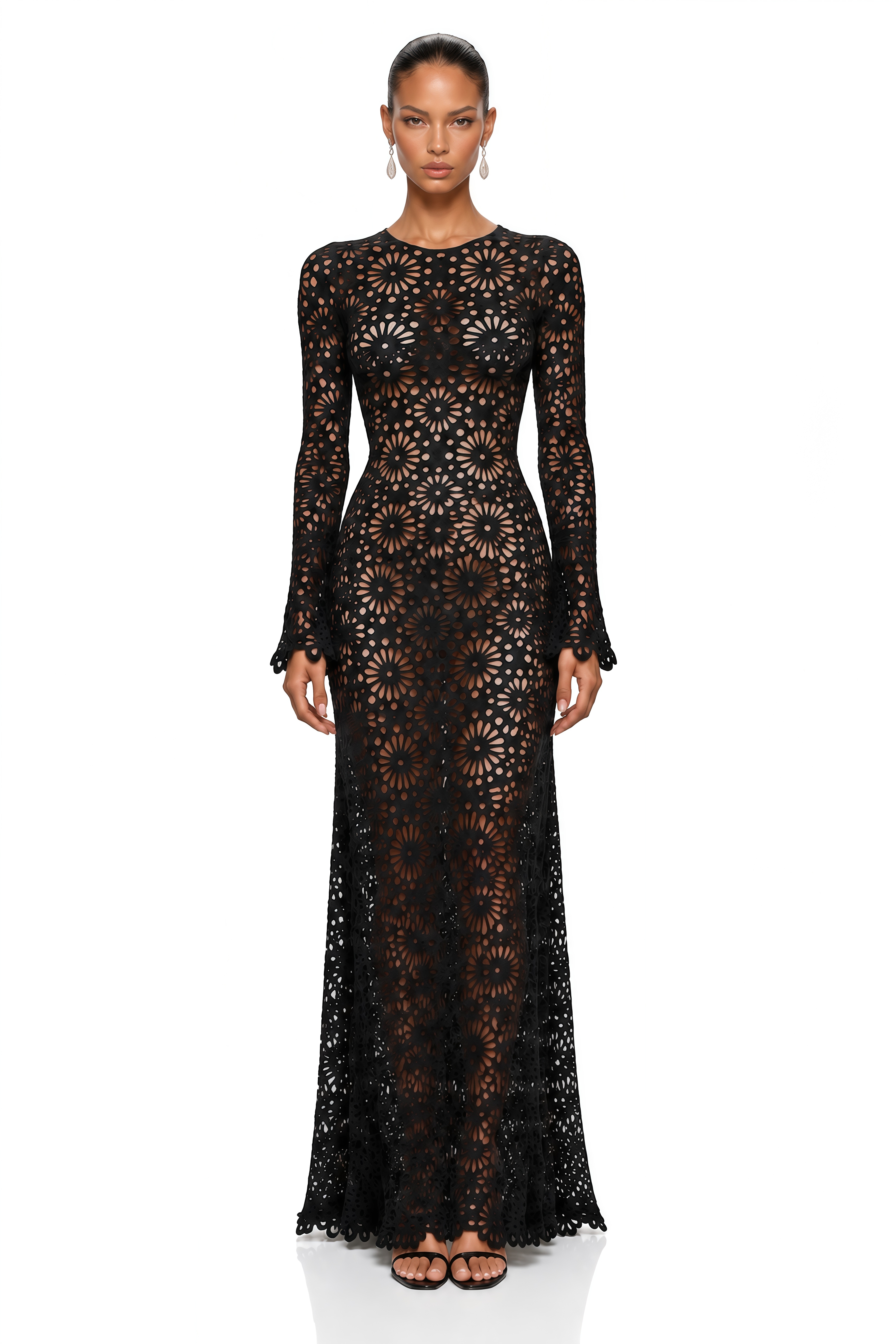 Amaya Black Floral Cut-Out Long Sleeve Maxi Dress