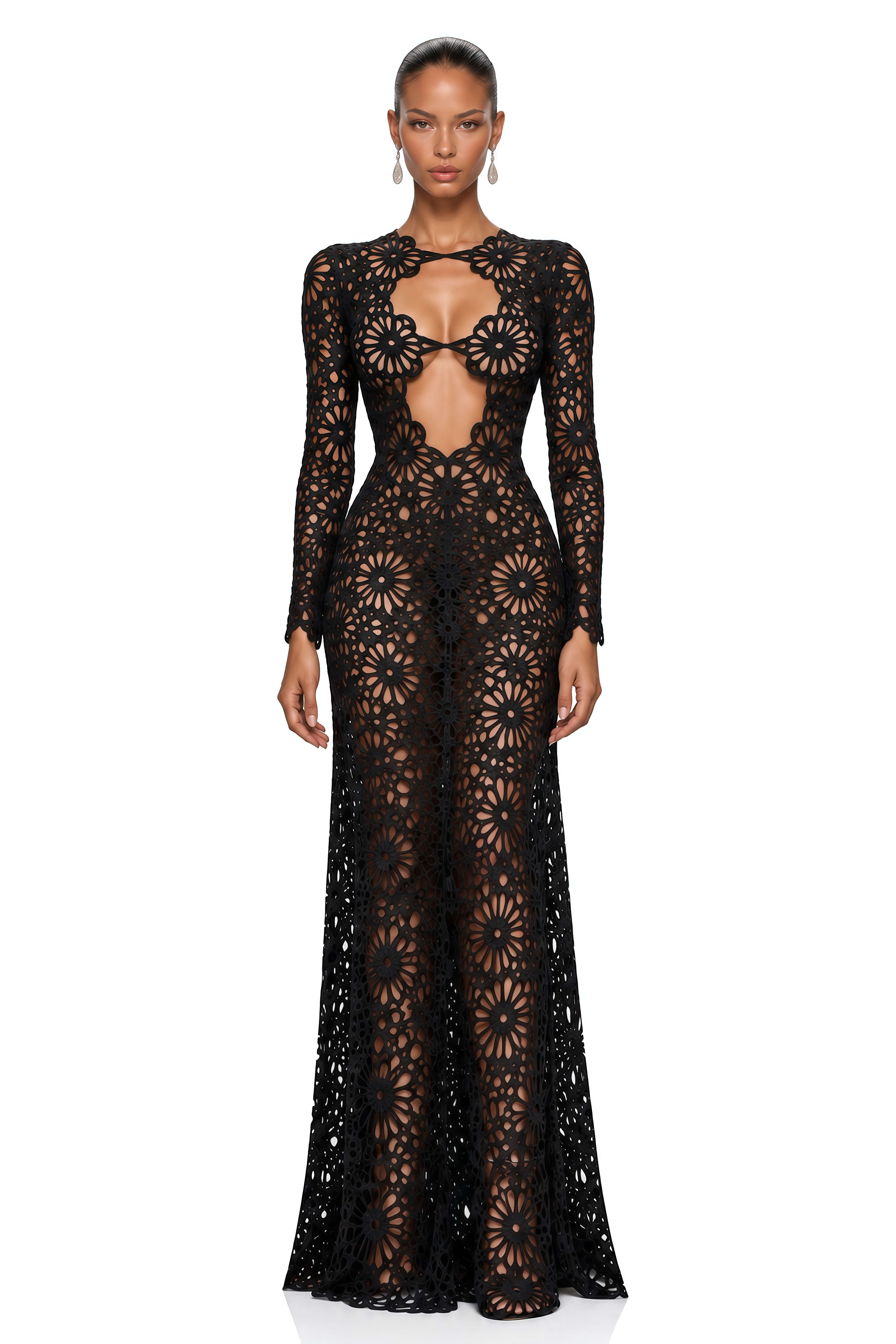 Amaya Black Floral Cut-Out Long Sleeve Maxi Dress