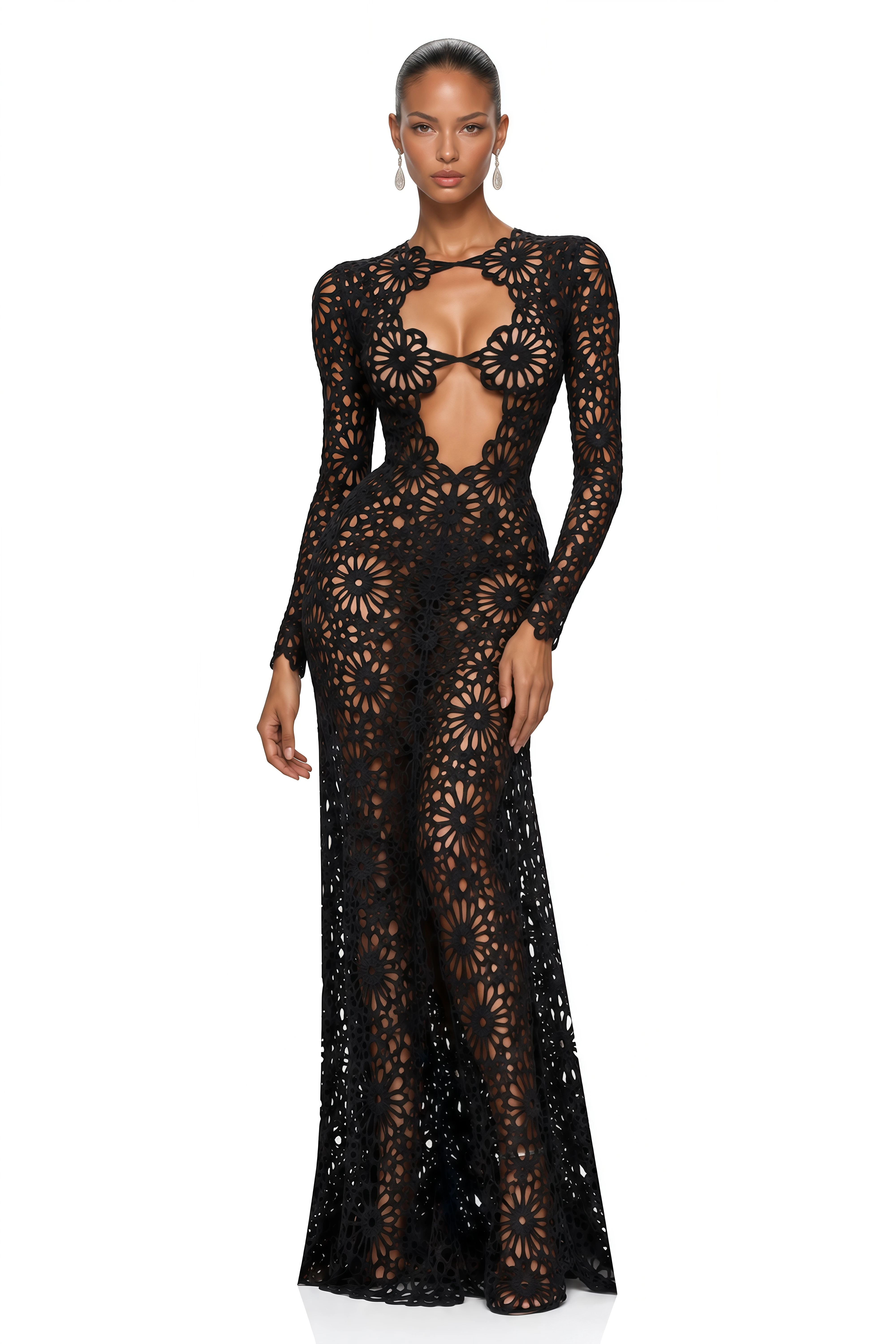 Amaya Black Floral Cut-Out Long Sleeve Maxi Dress