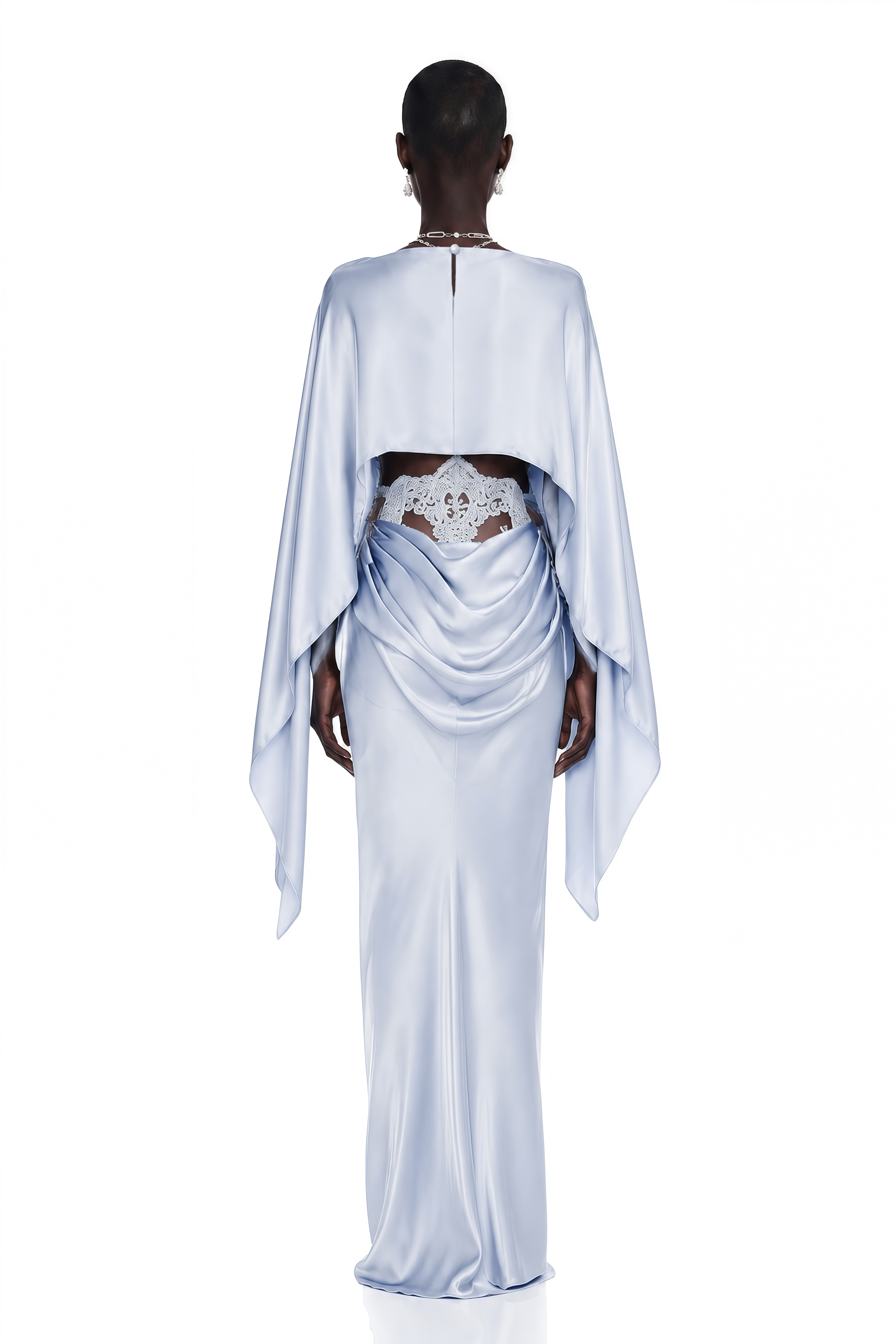 Amelia Blue Cape Top & Draped Skirt Set with Lace Panels
