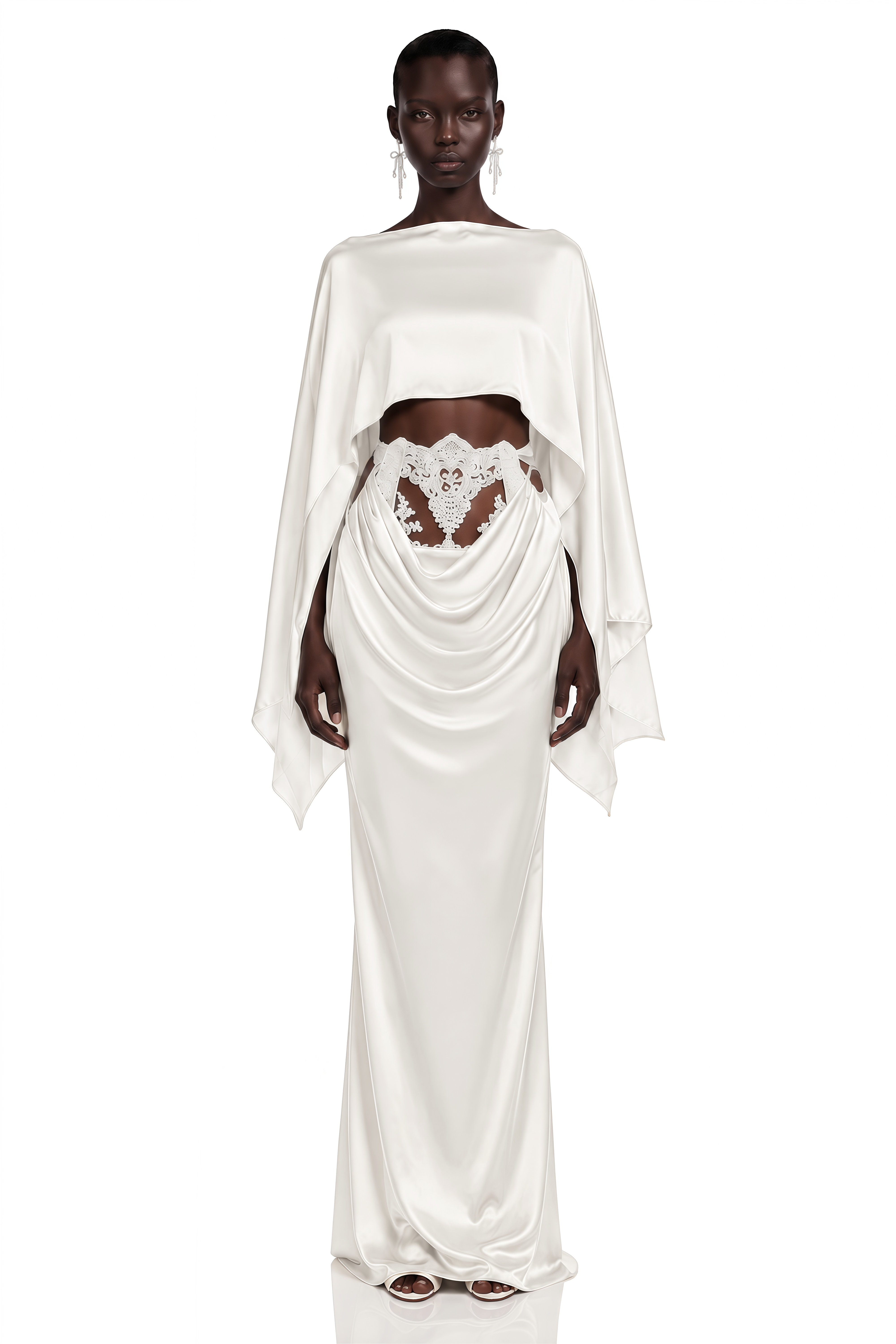Amelia White Cape Top & Draped Skirt Set with Lace Panels