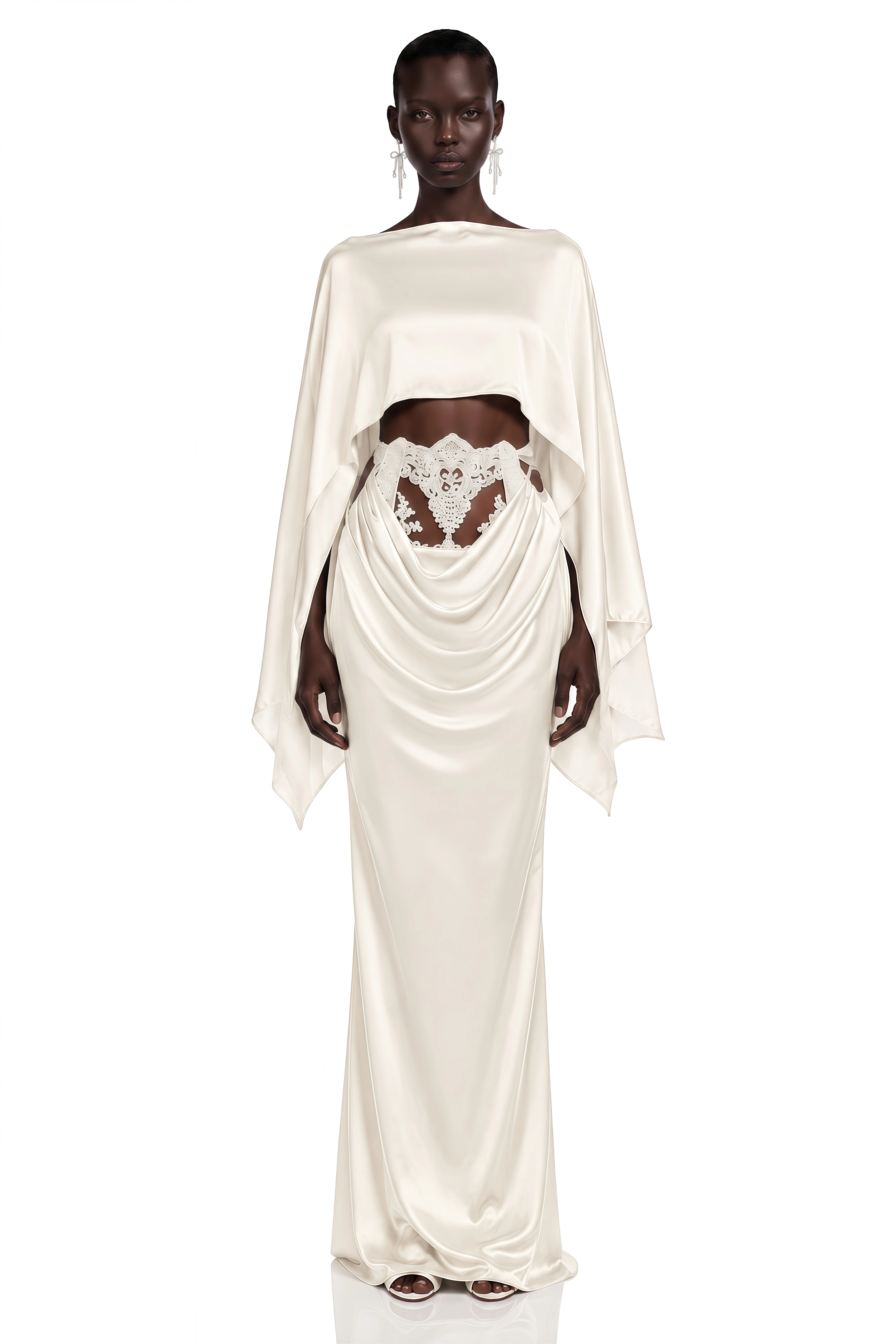 Amelia White Cape Top & Draped Skirt Set with Lace Panels