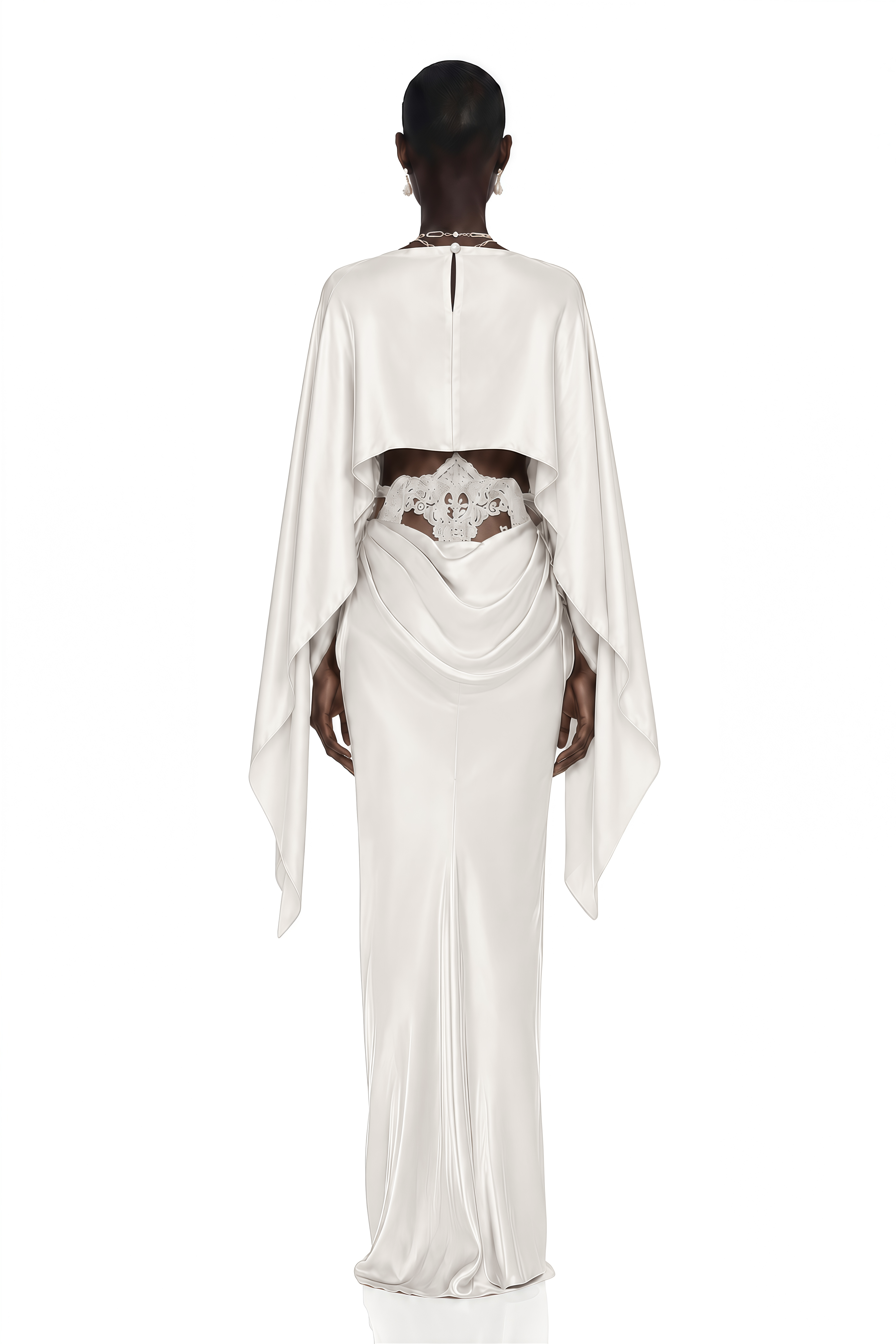 Amelia White Cape Top & Draped Skirt Set with Lace Panels