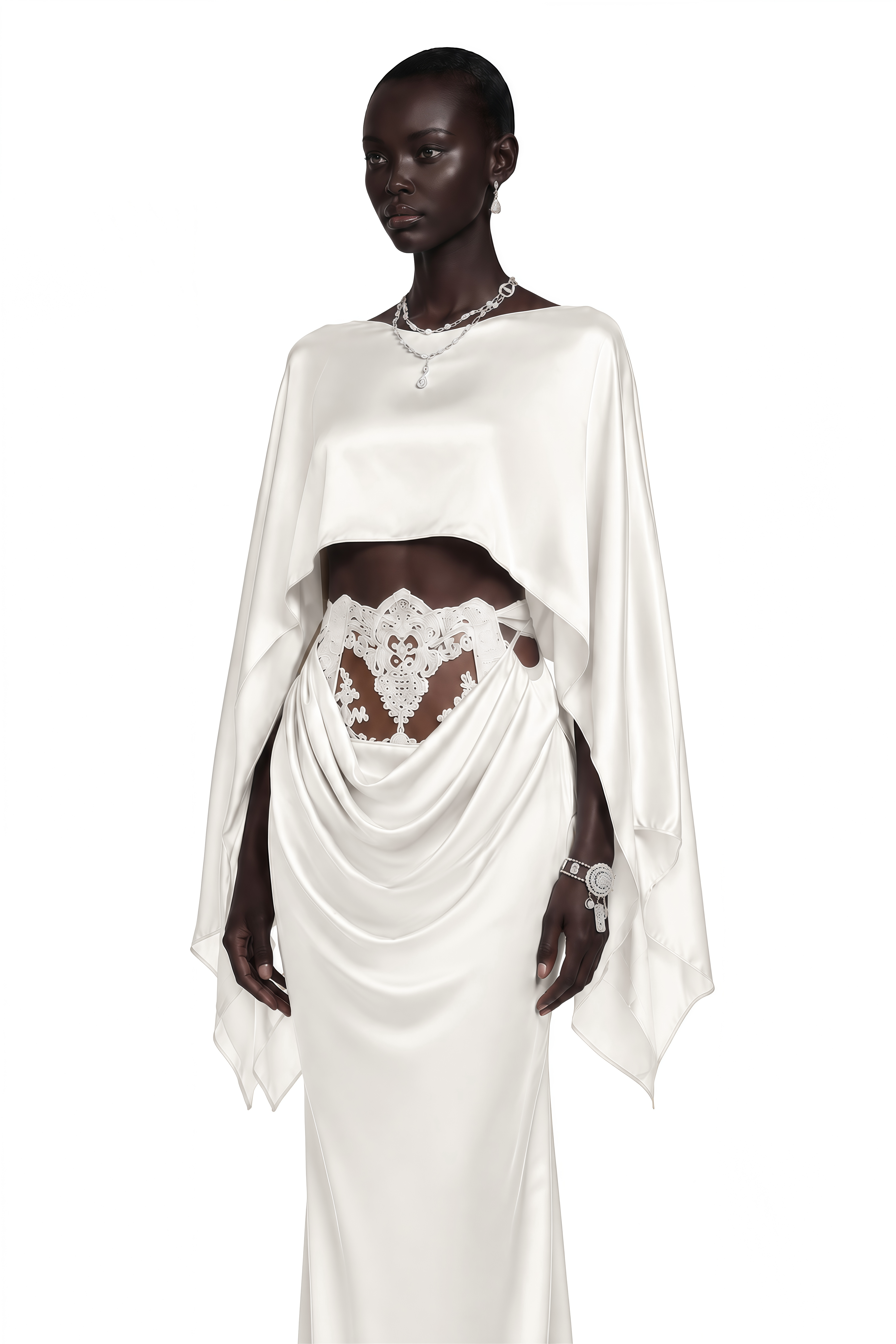 Amelia White Cape Top & Draped Skirt Set with Lace Panels