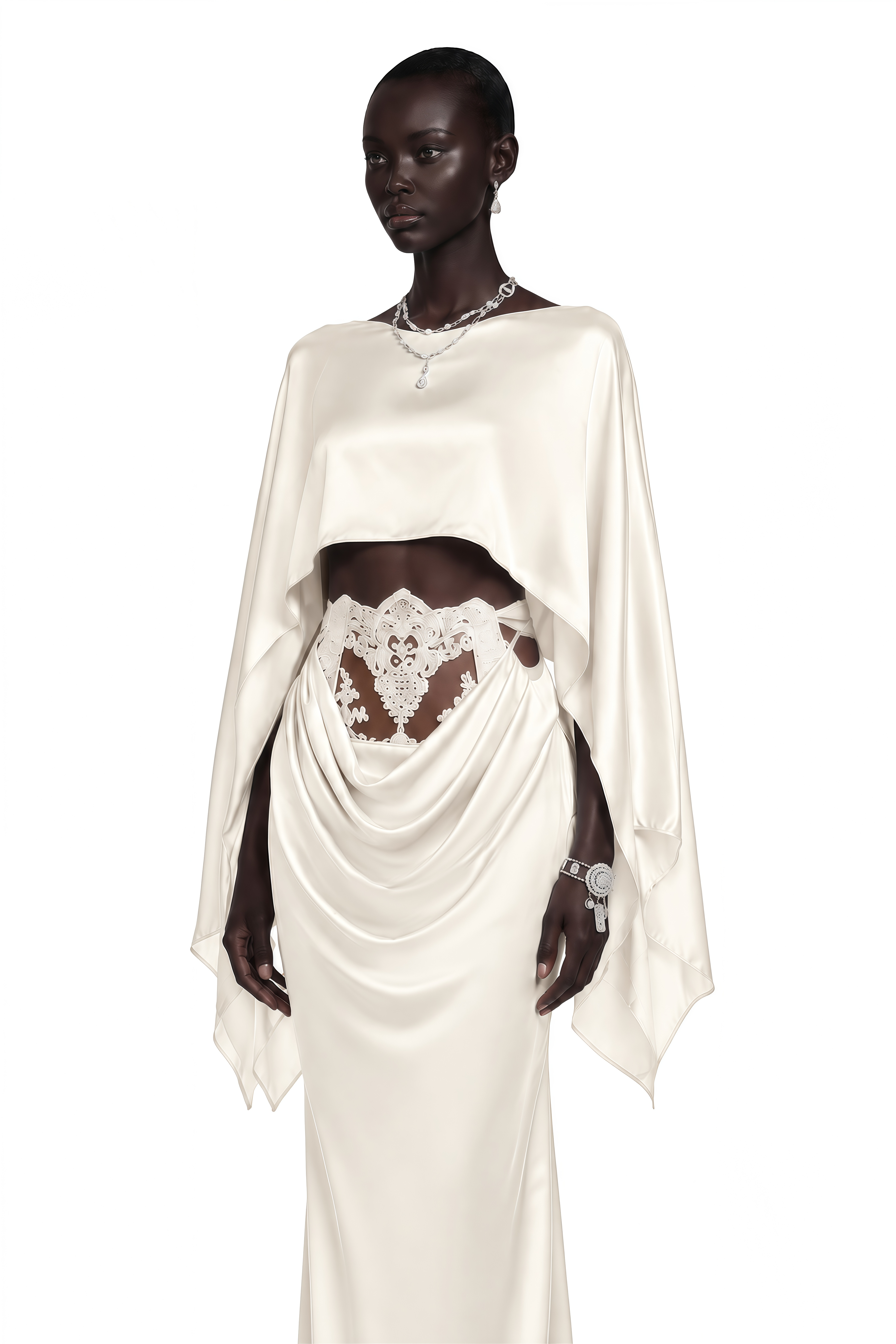 Amelia White Cape Top & Draped Skirt Set with Lace Panels