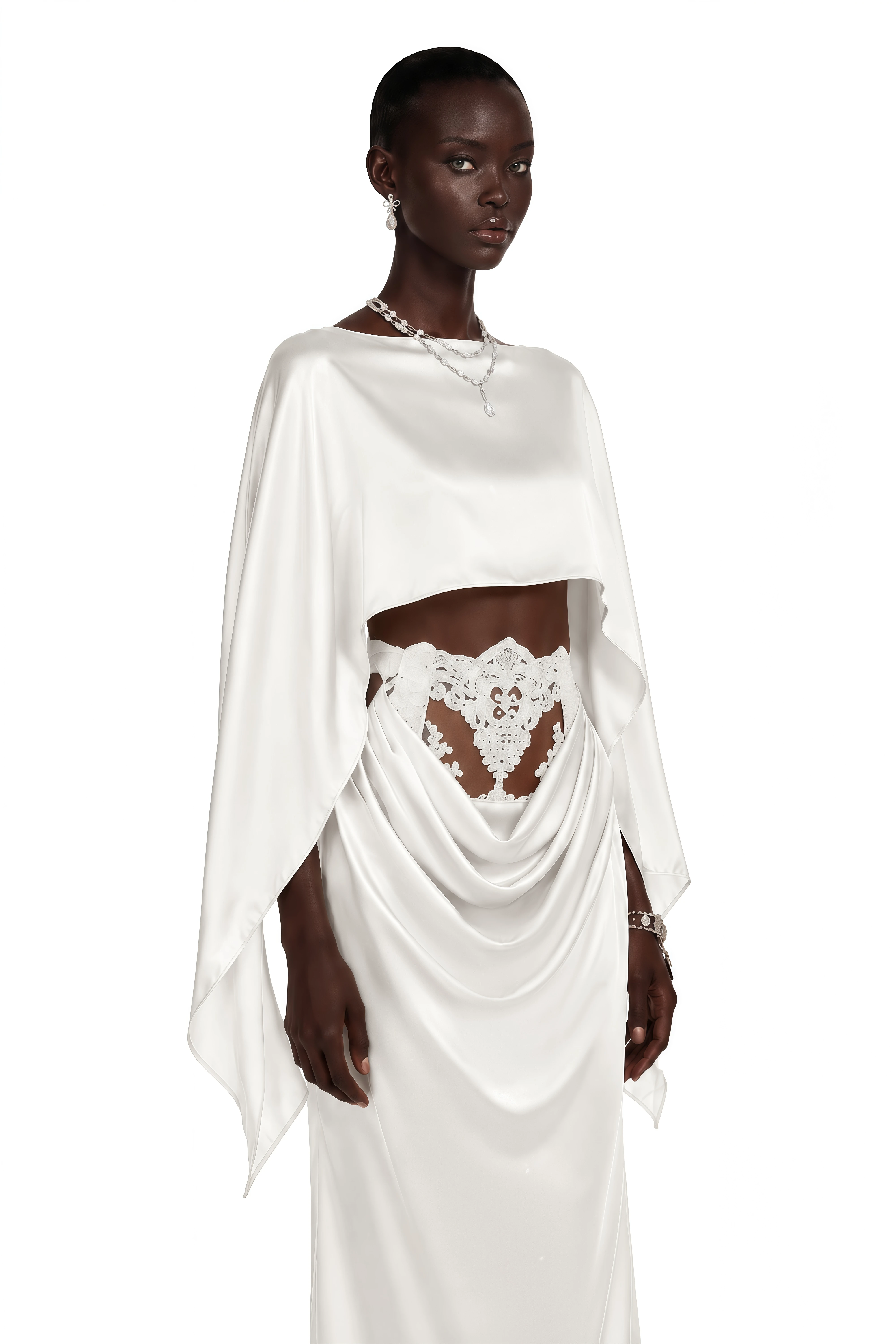 Amelia White Cape Top & Draped Skirt Set with Lace Panels