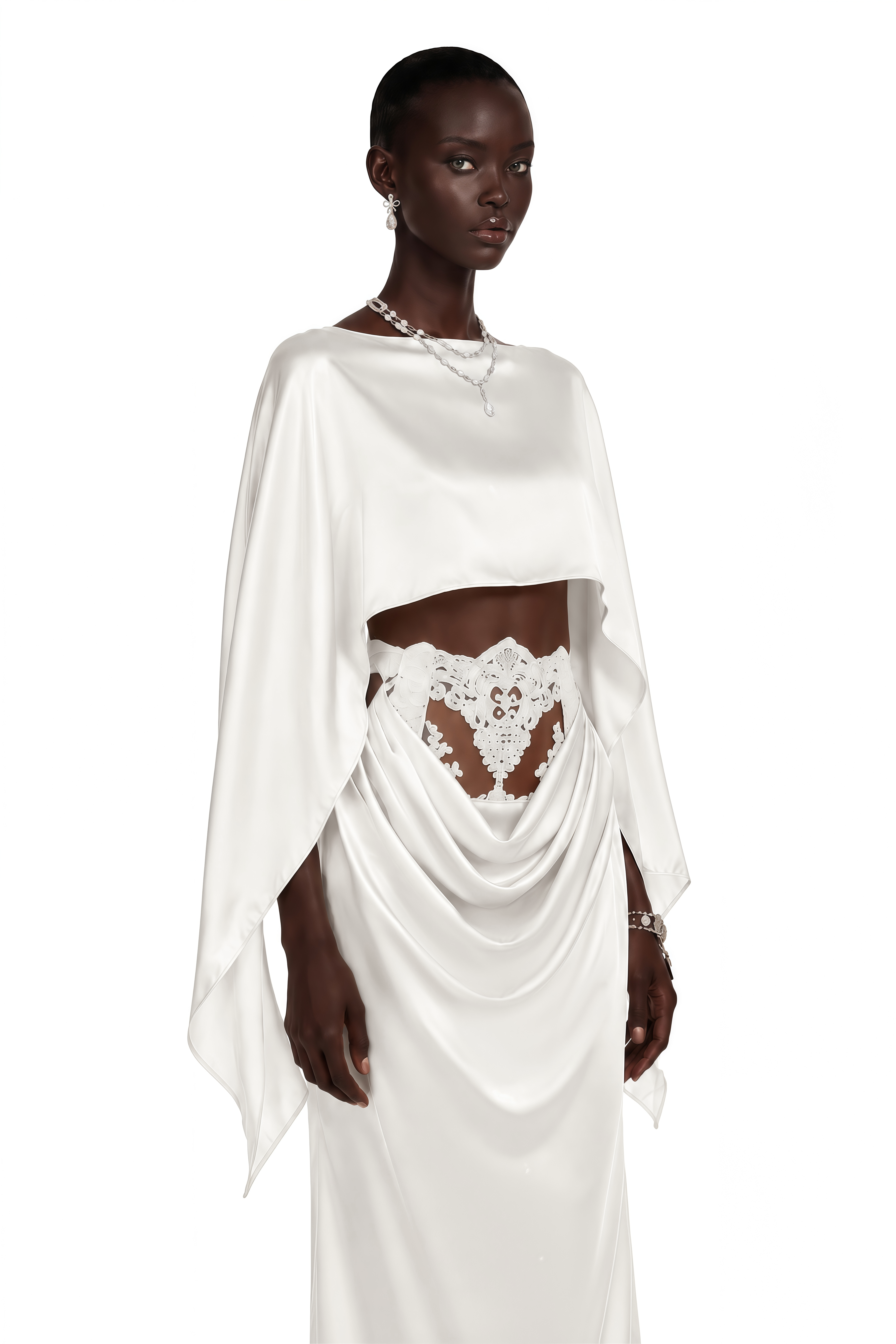Amelia White Cape Top & Draped Skirt Set with Lace Panels