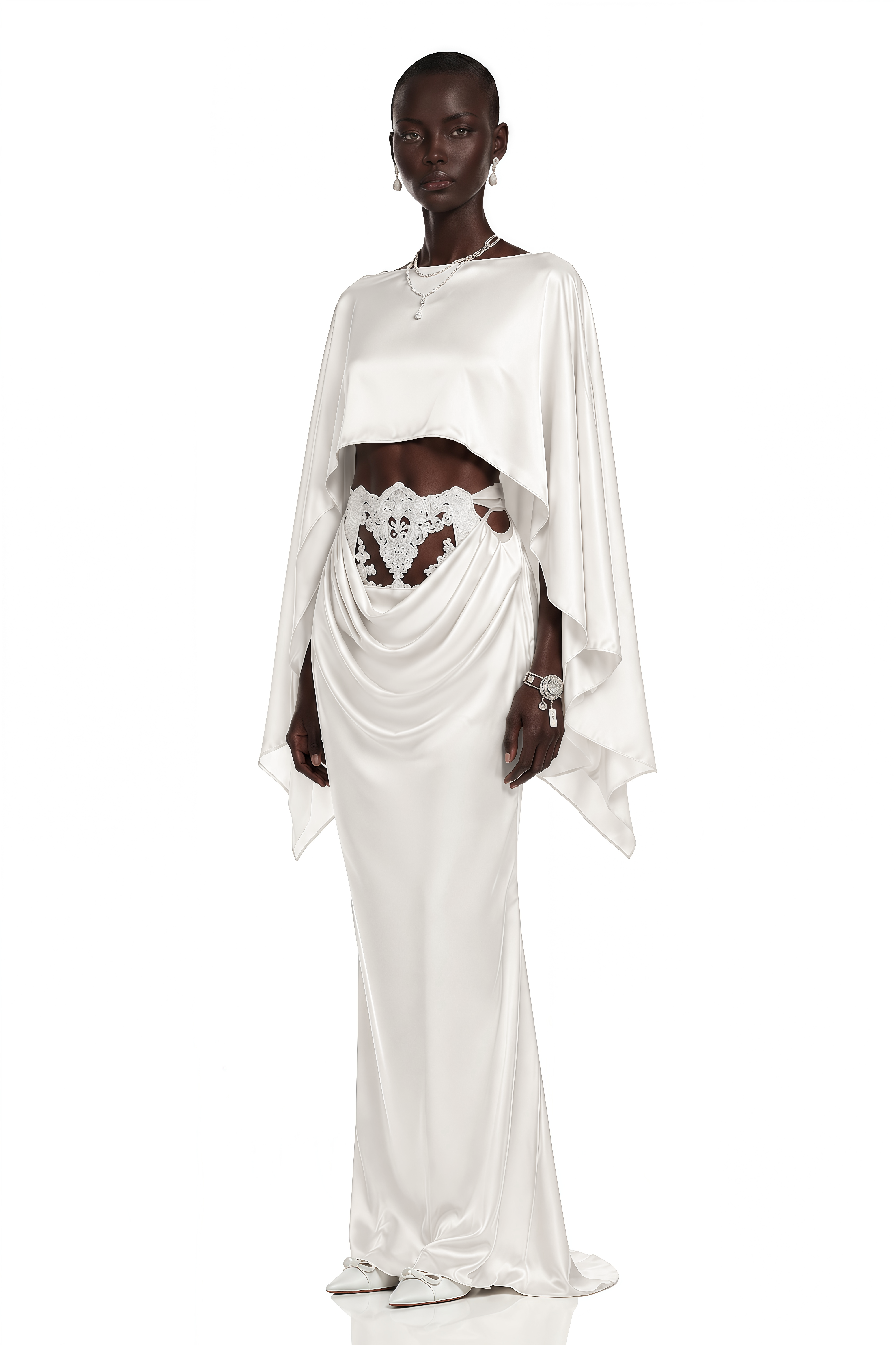 Amelia White Cape Top & Draped Skirt Set with Lace Panels