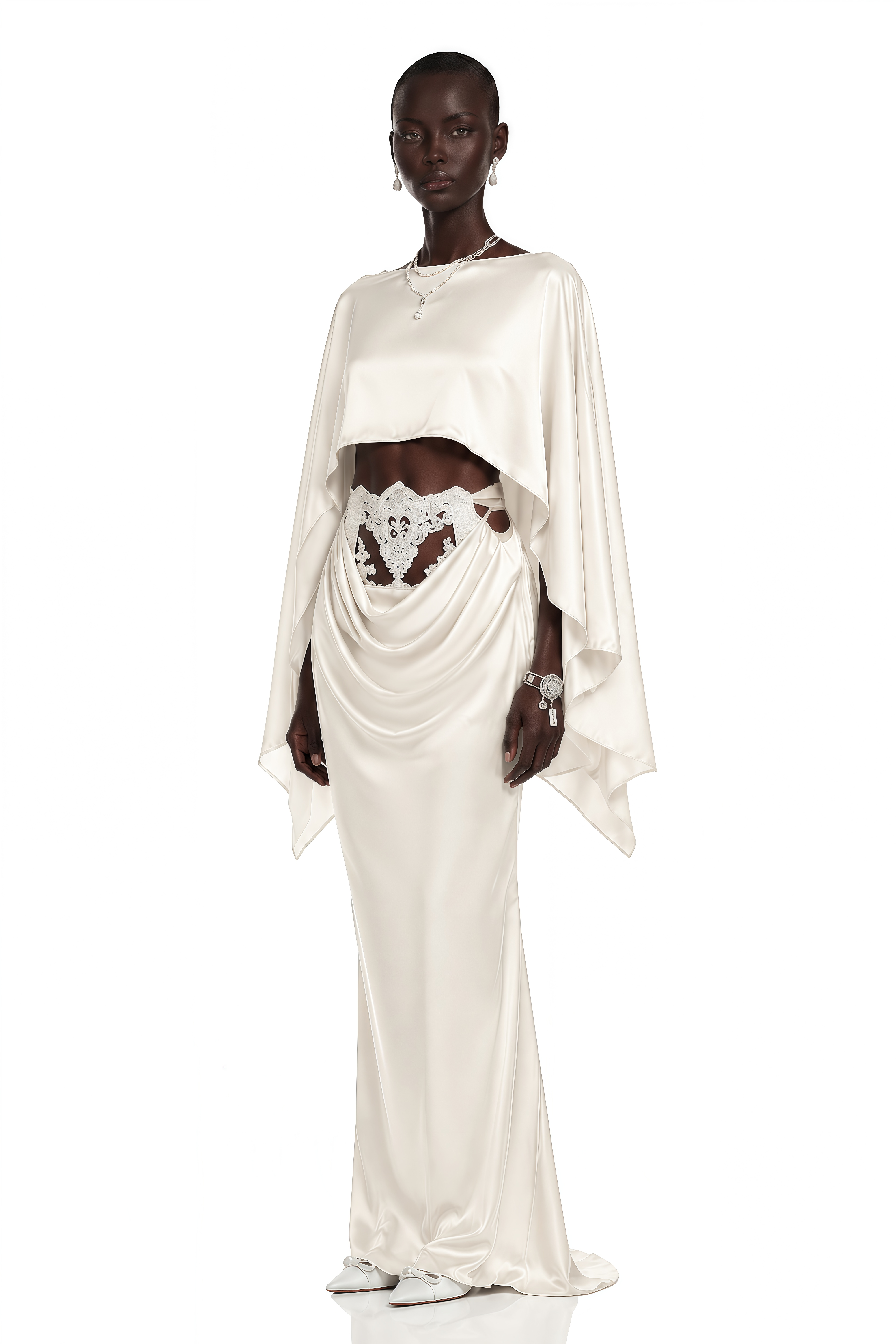 Amelia White Cape Top & Draped Skirt Set with Lace Panels
