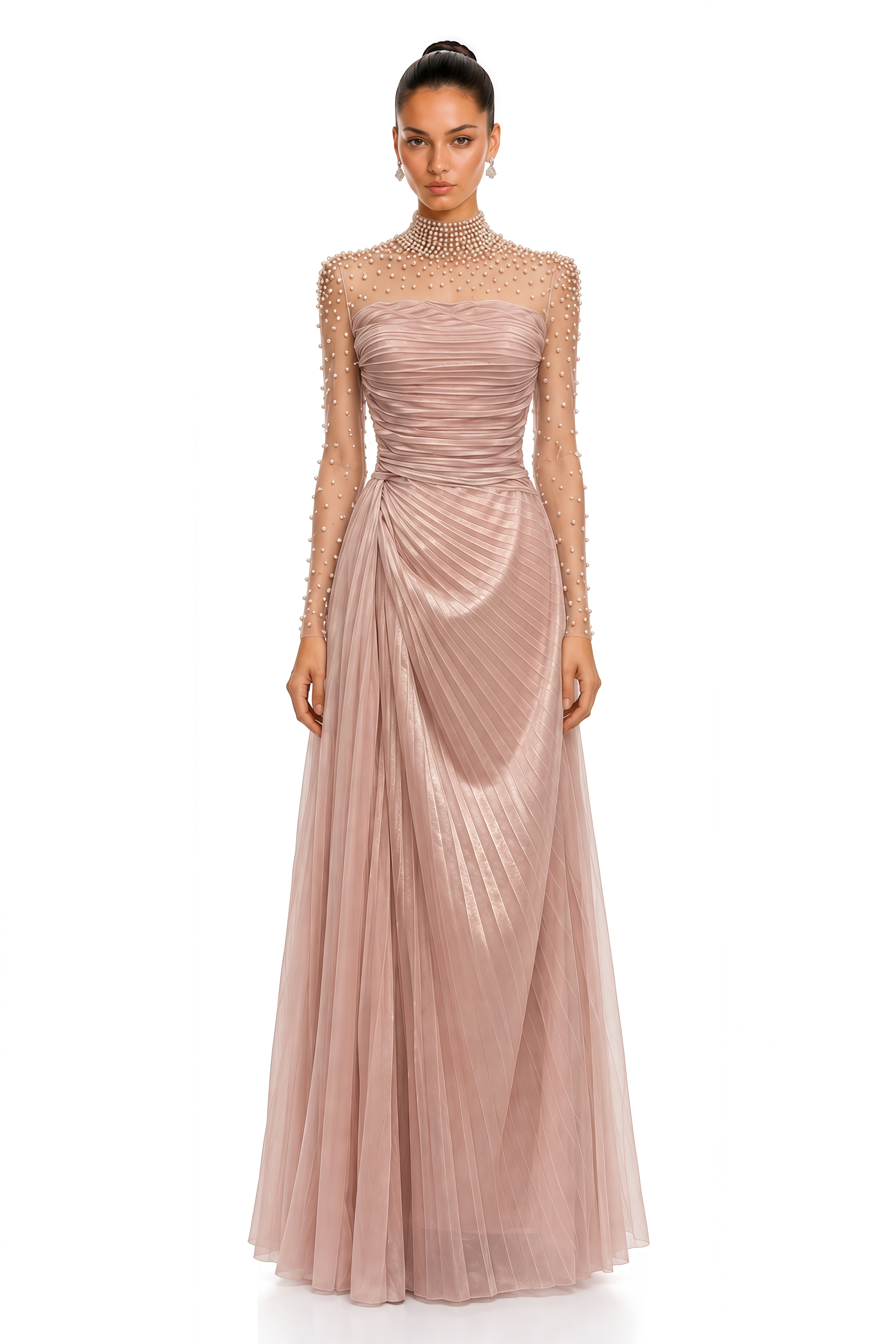 Amelisse Blush Pink Pearl Embellished Pleated Maxi Dress