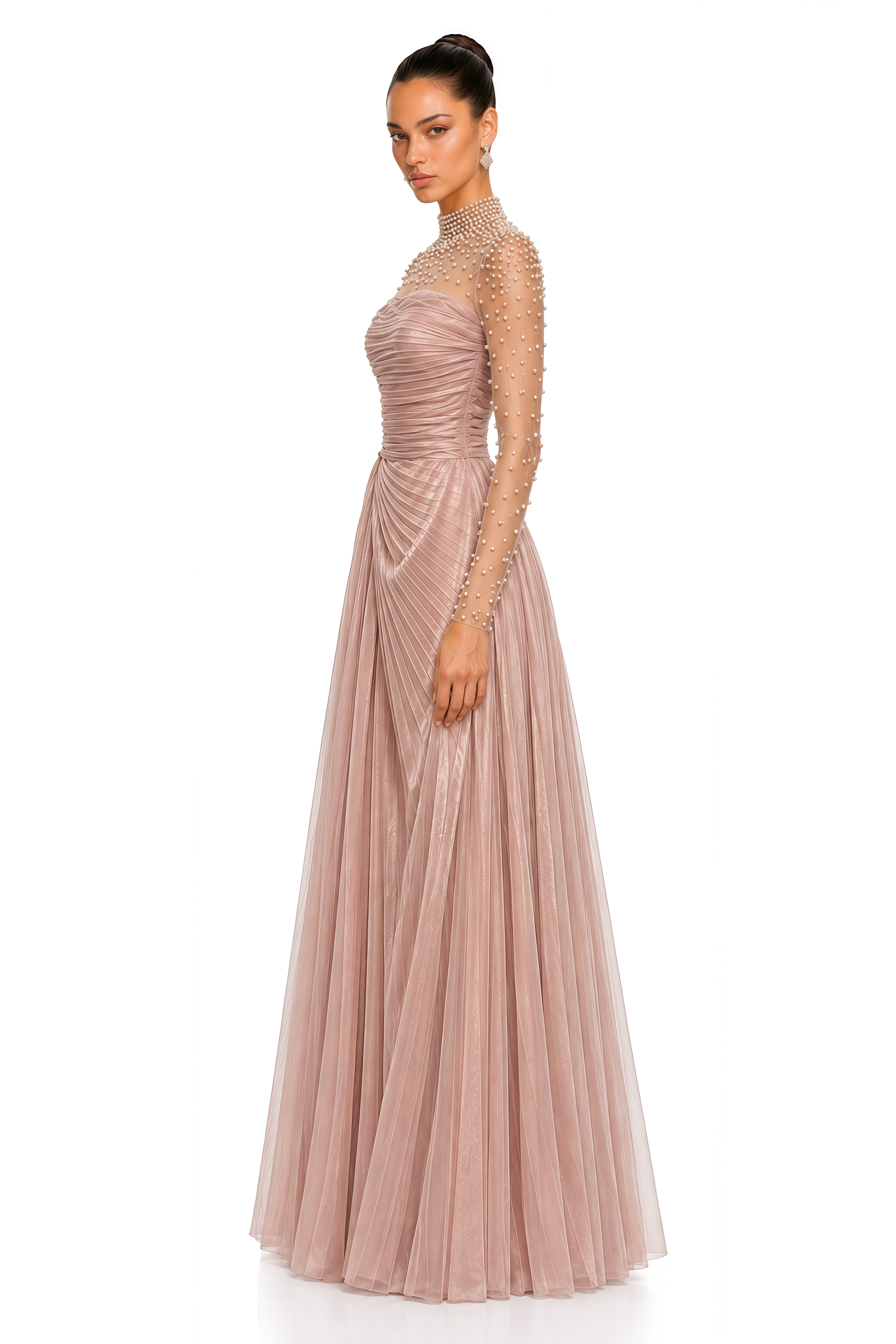 Amelisse Blush Pink Pearl Embellished Pleated Maxi Dress