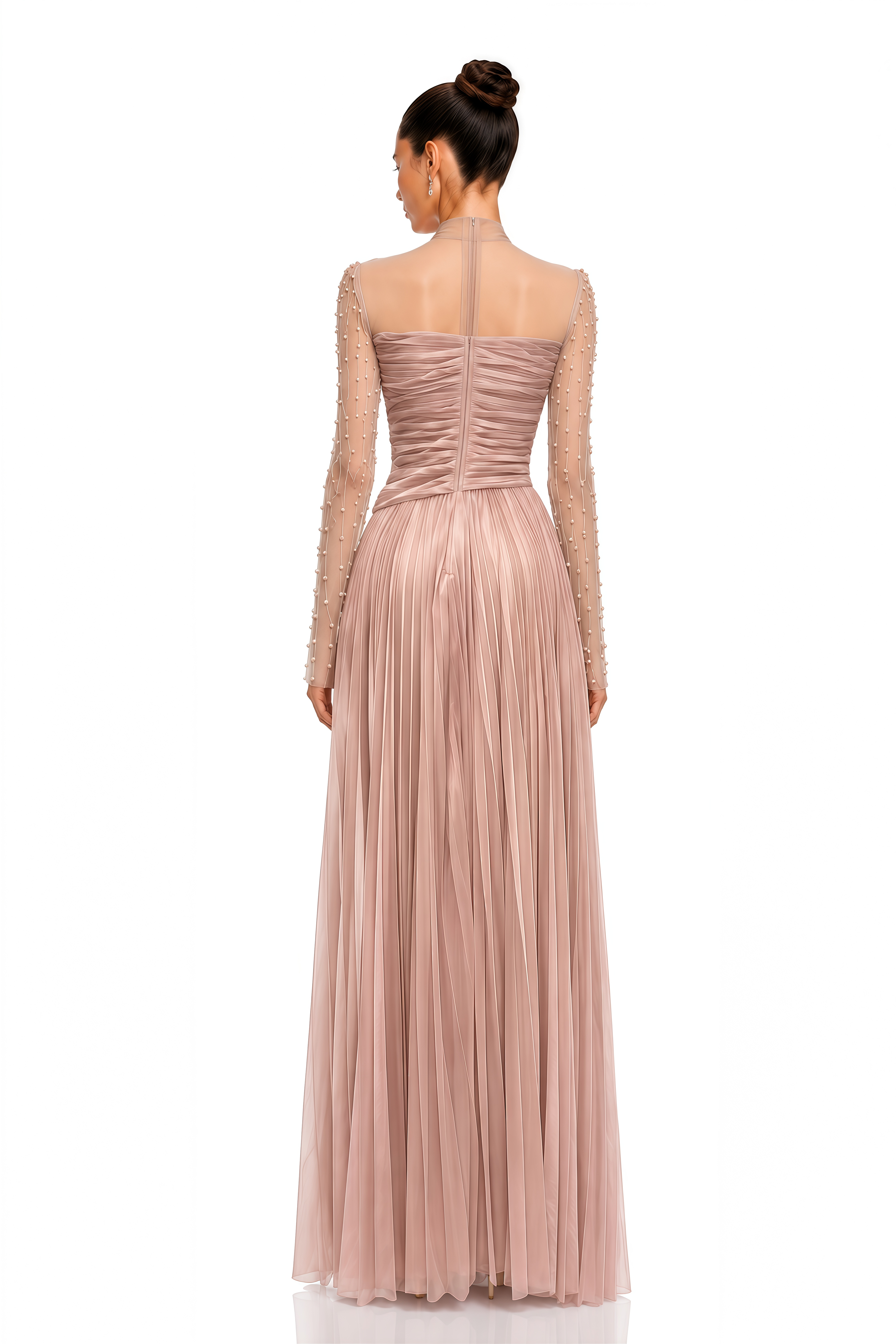 Amelisse Blush Pink Pearl Embellished Pleated Maxi Dress