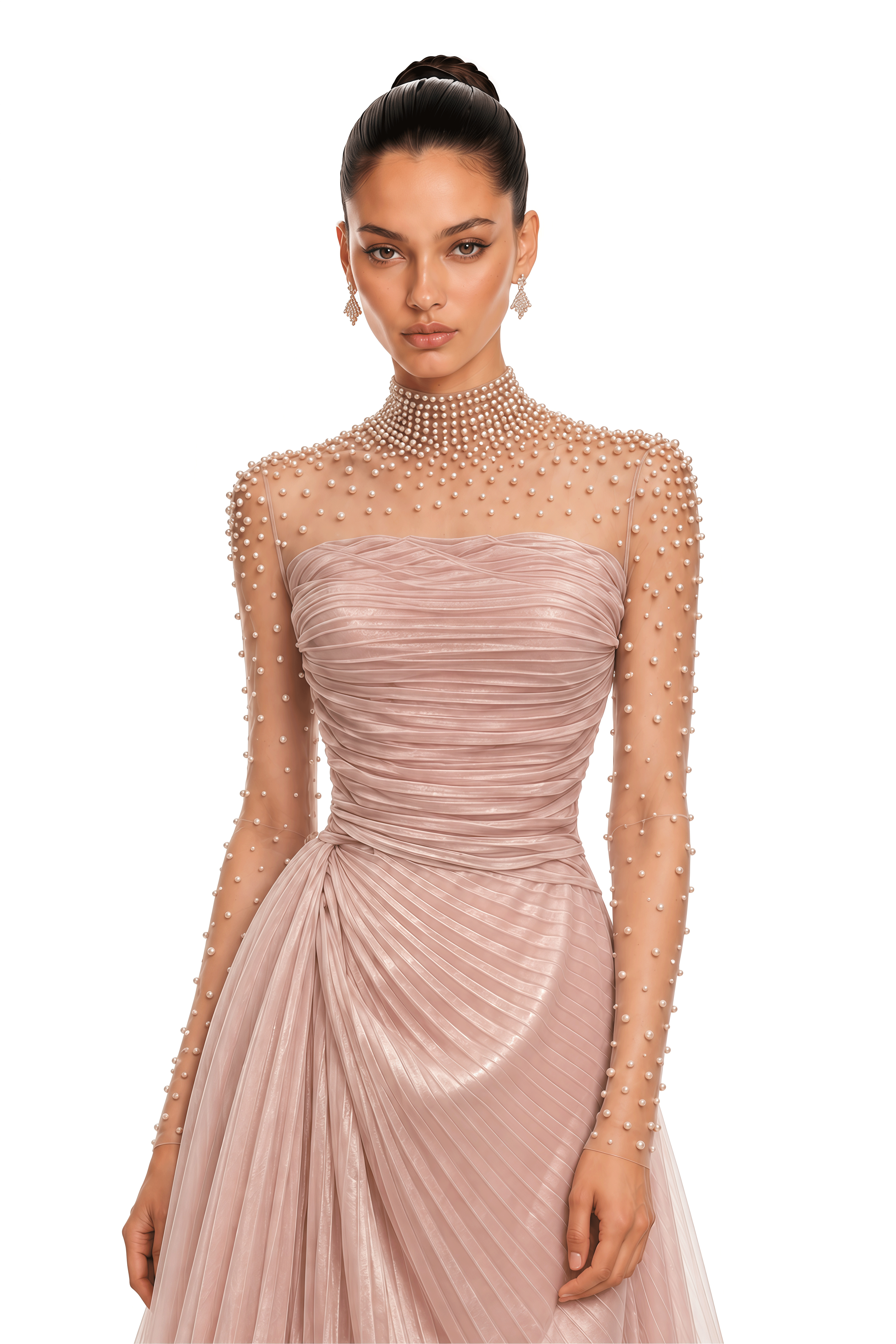 Amelisse Blush Pink Pearl Embellished Pleated Maxi Dress