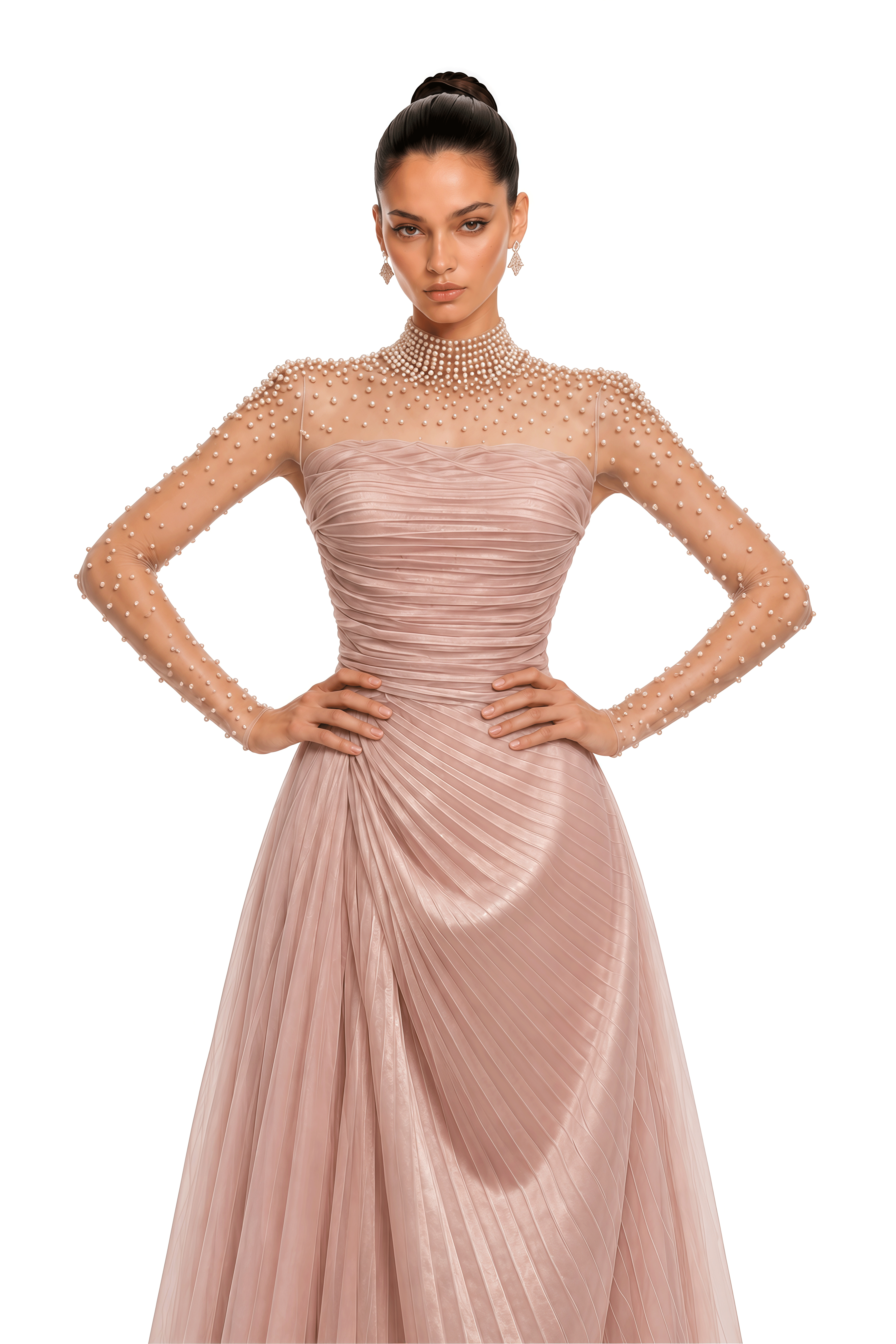 Amelisse Blush Pink Pearl Embellished Pleated Maxi Dress