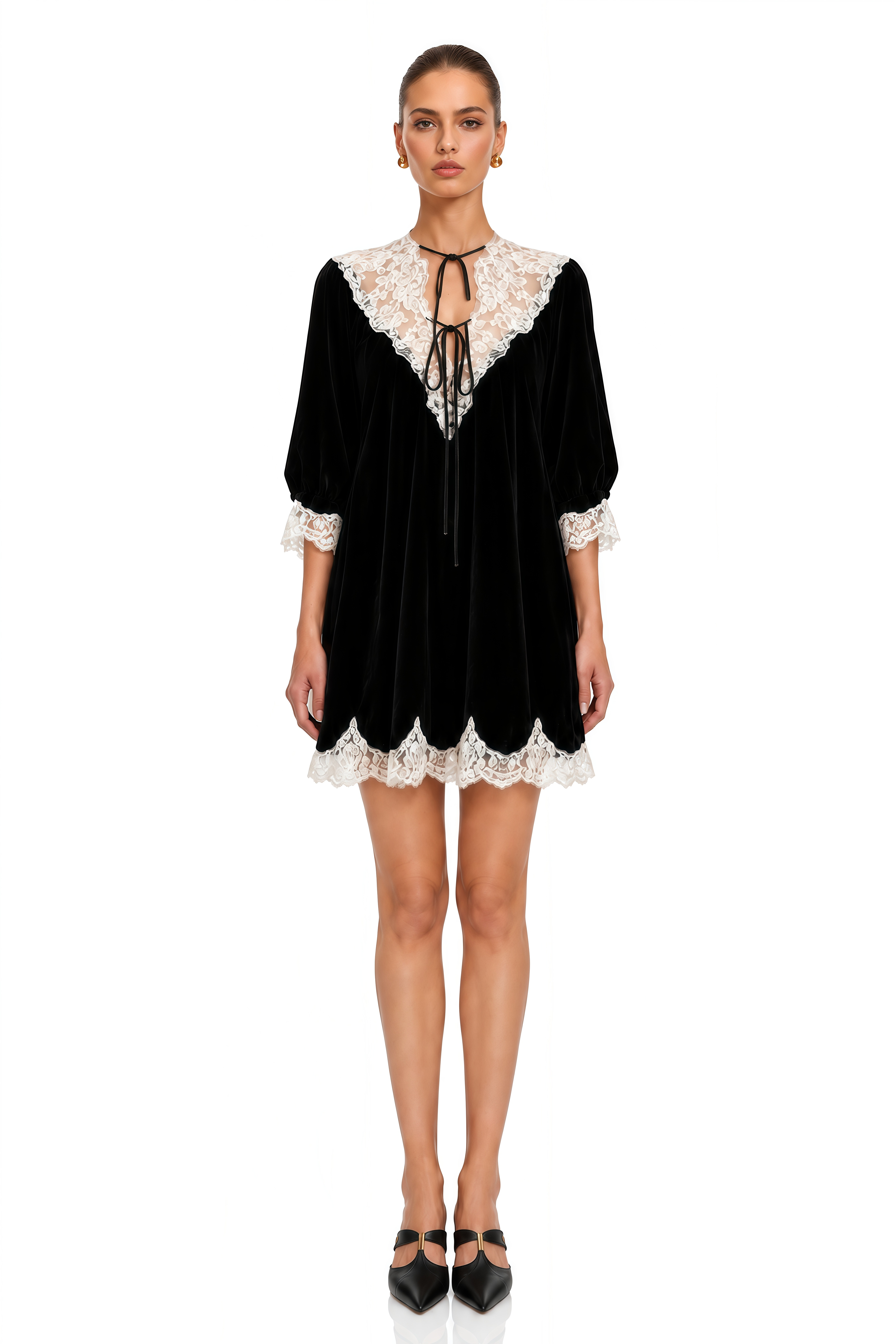 Amoret Black Velvet Lace Collar Mini Dress