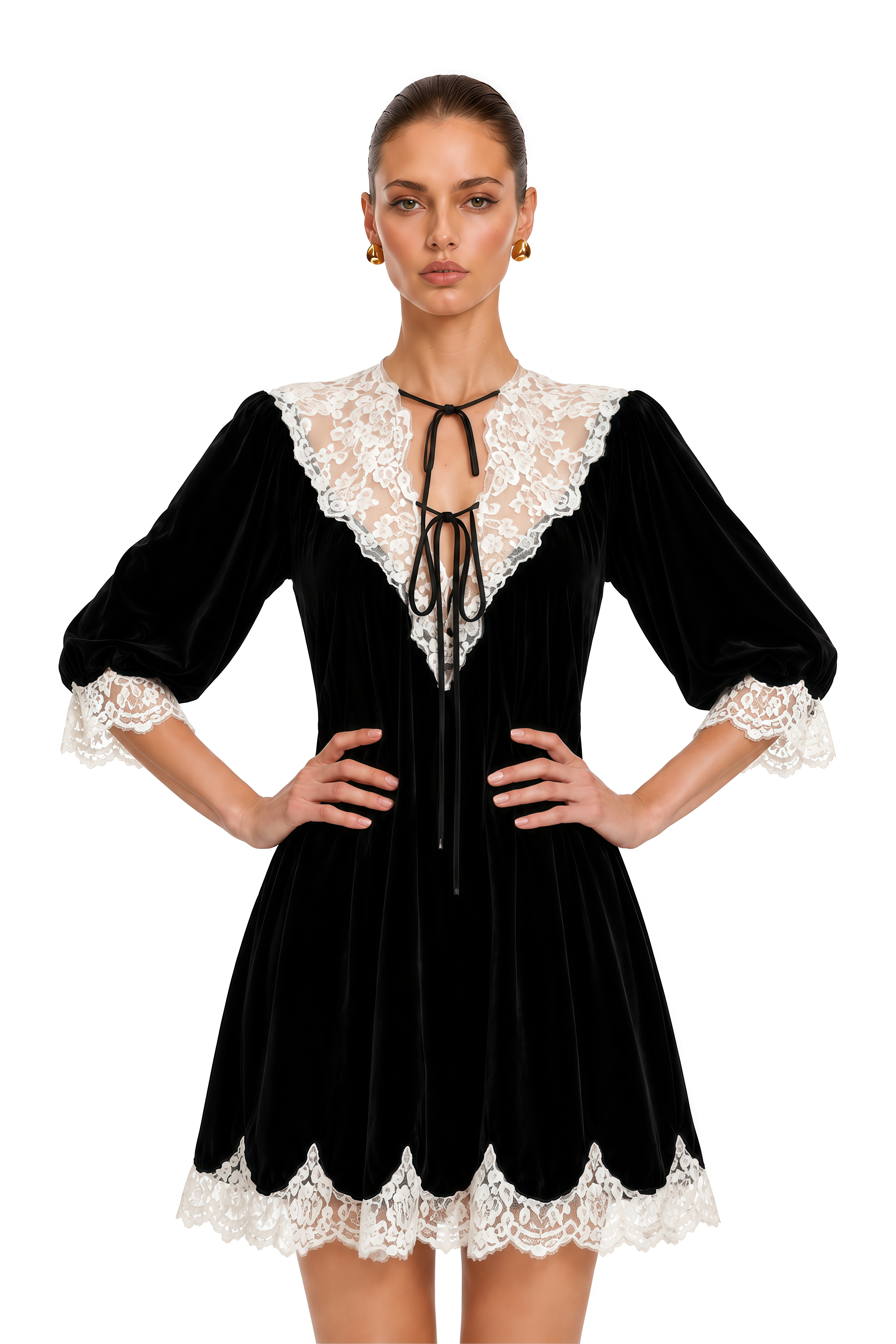 Amoret Black Velvet Lace Collar Mini Dress