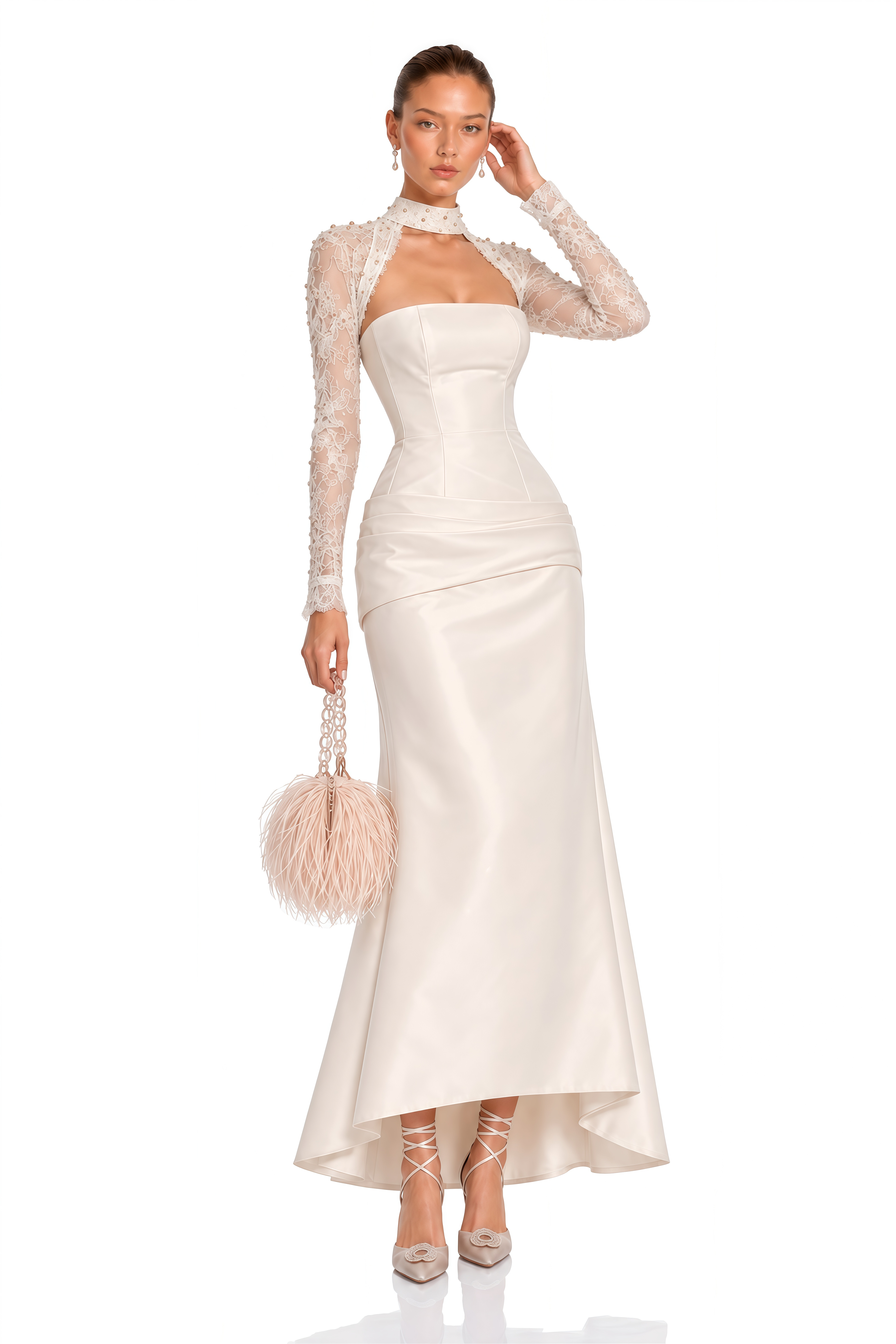 Amoura Champagne Lace Sleeve Satin Maxi Dress