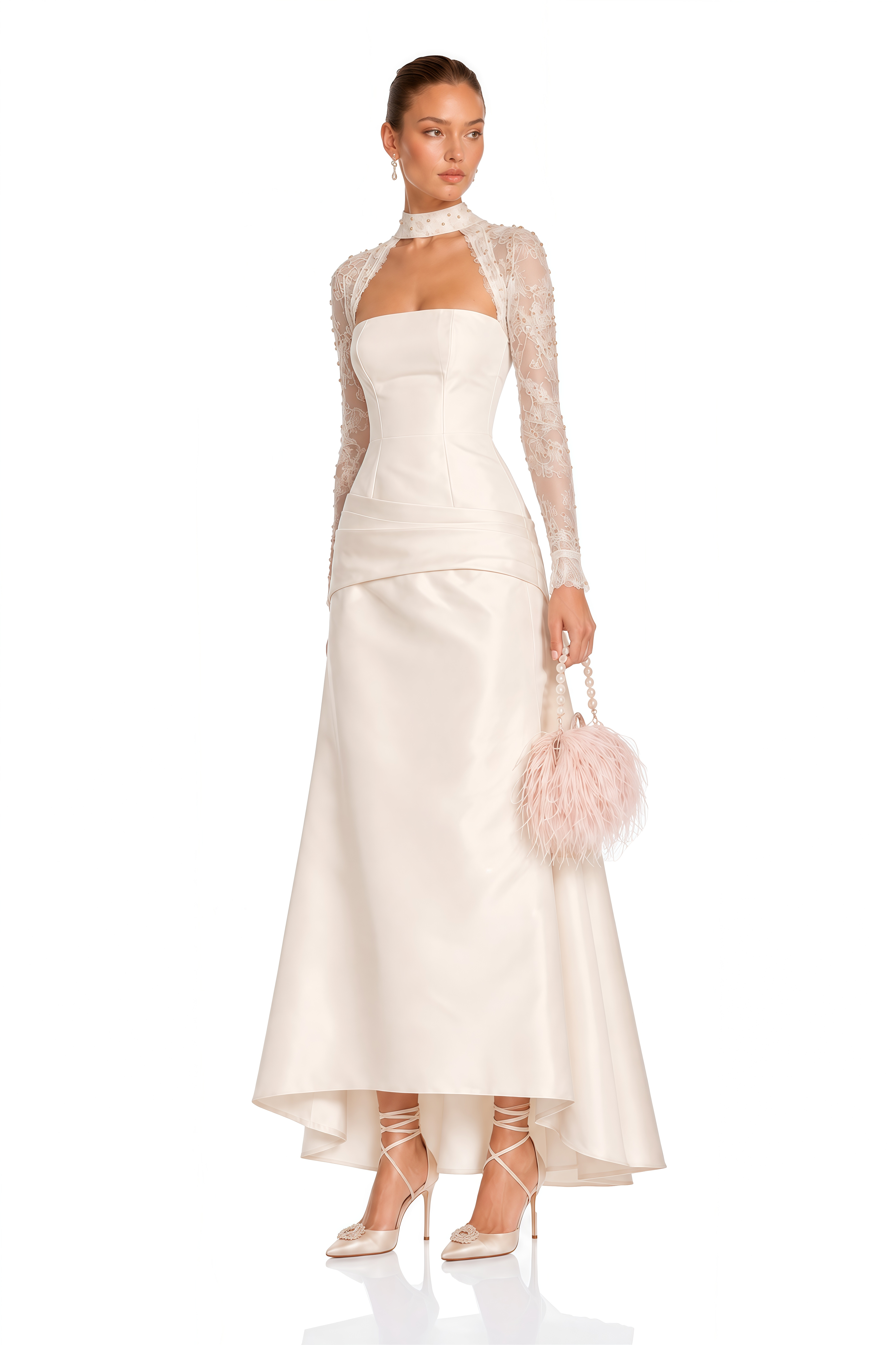Amoura Champagne Lace Sleeve Satin Maxi Dress