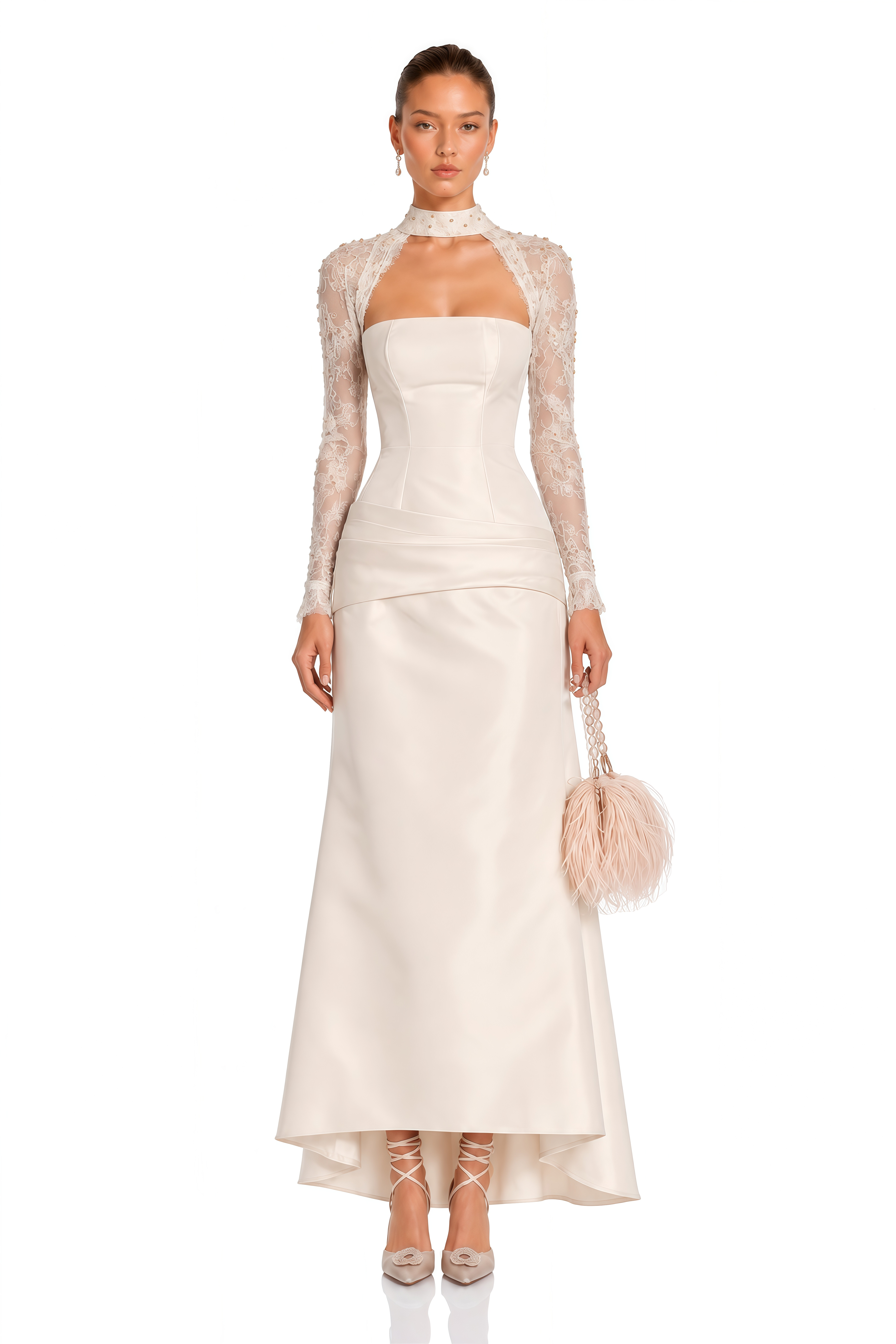 Amoura Champagne Lace Sleeve Satin Maxi Dress