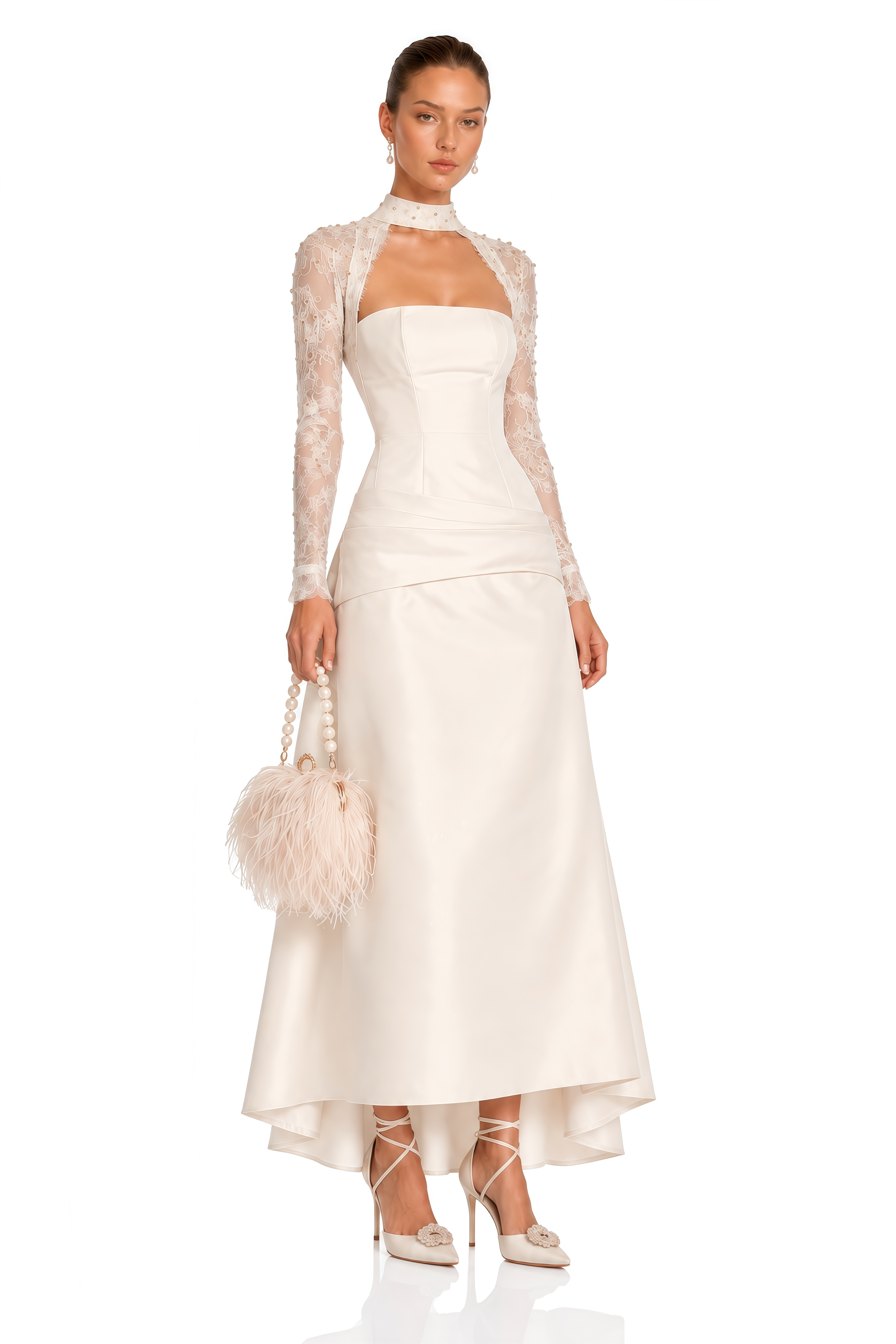 Amoura Champagne Lace Sleeve Satin Maxi Dress
