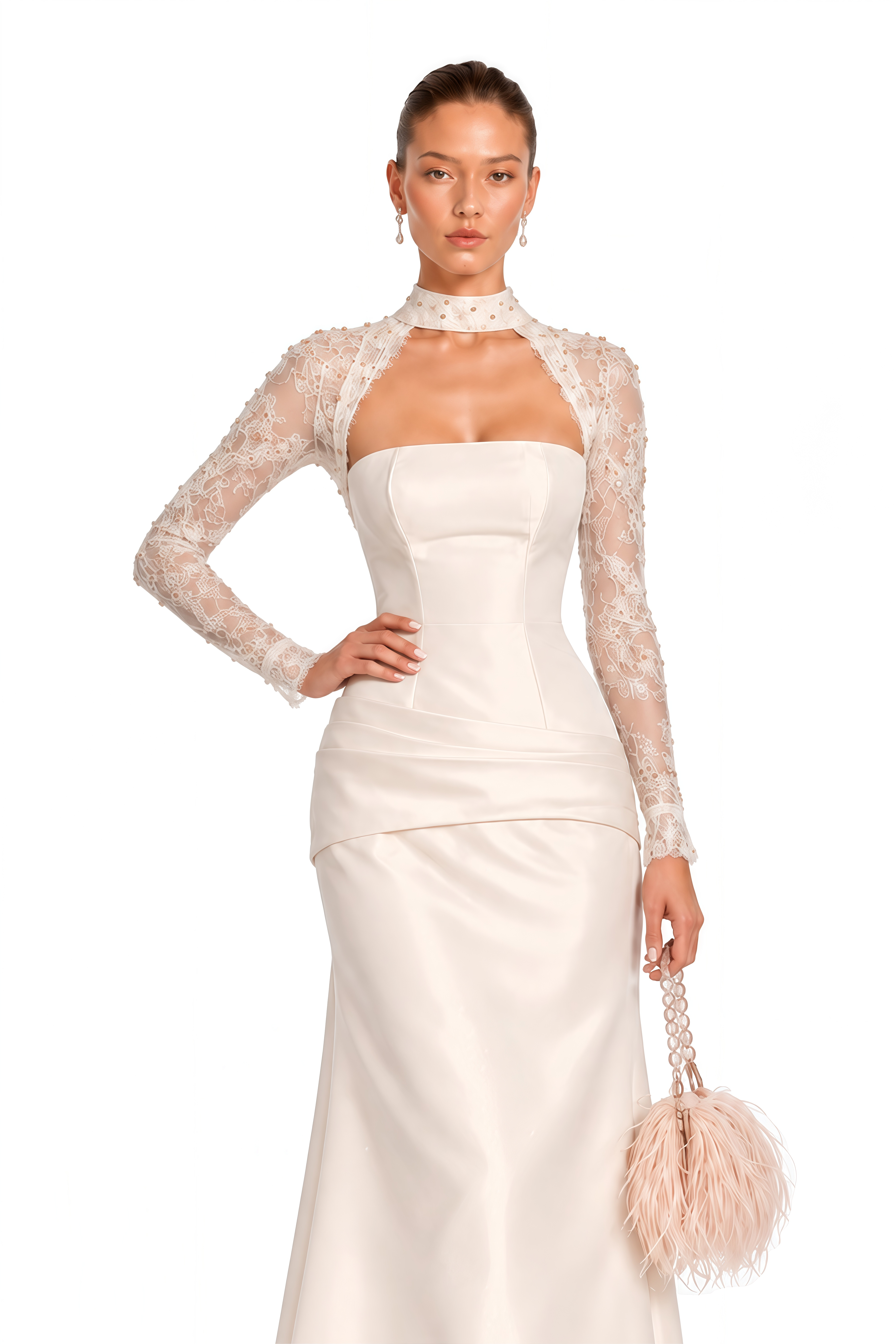 Amoura Champagne Lace Sleeve Satin Maxi Dress