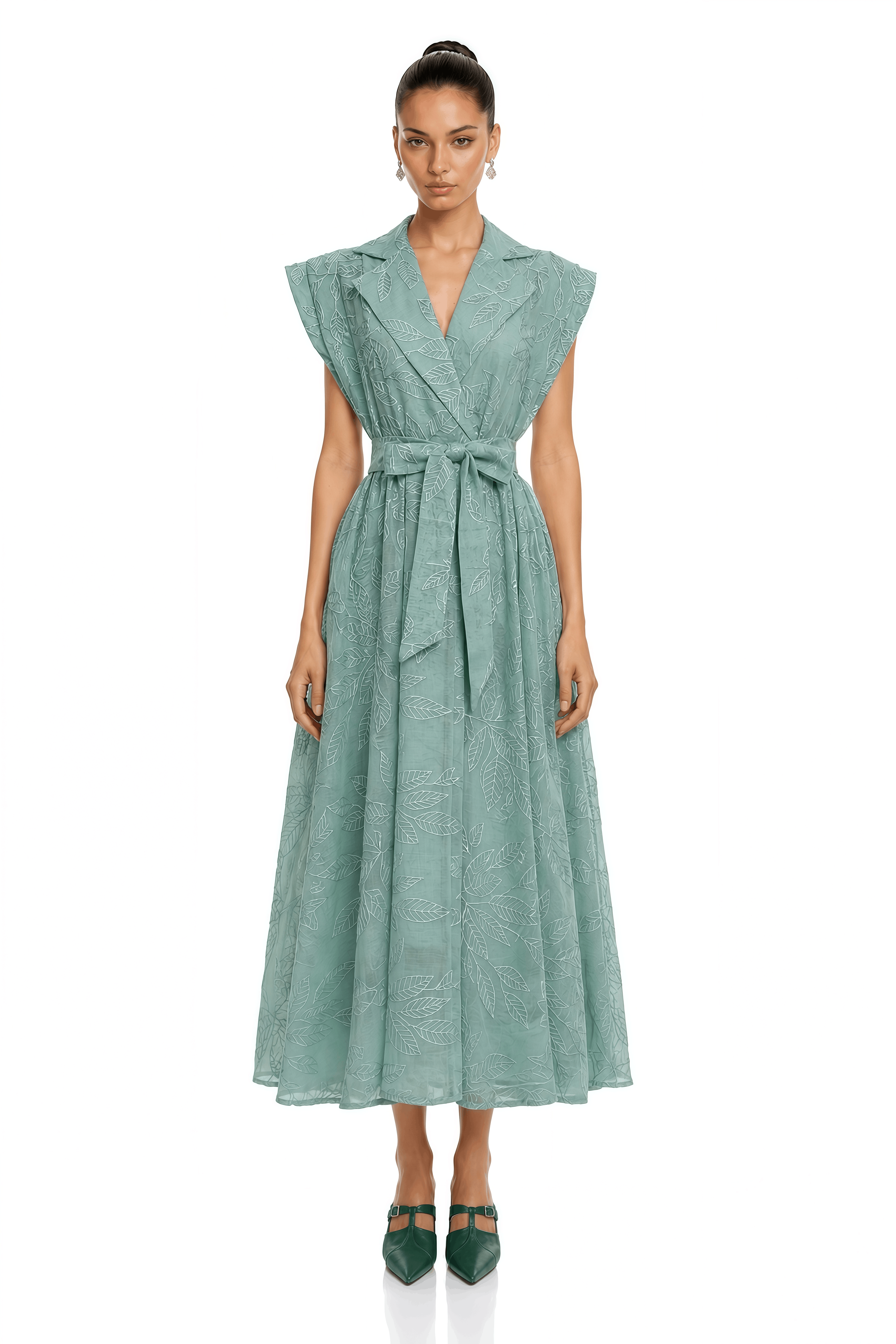 Amoura Green Embroidered Belted Midi Dress