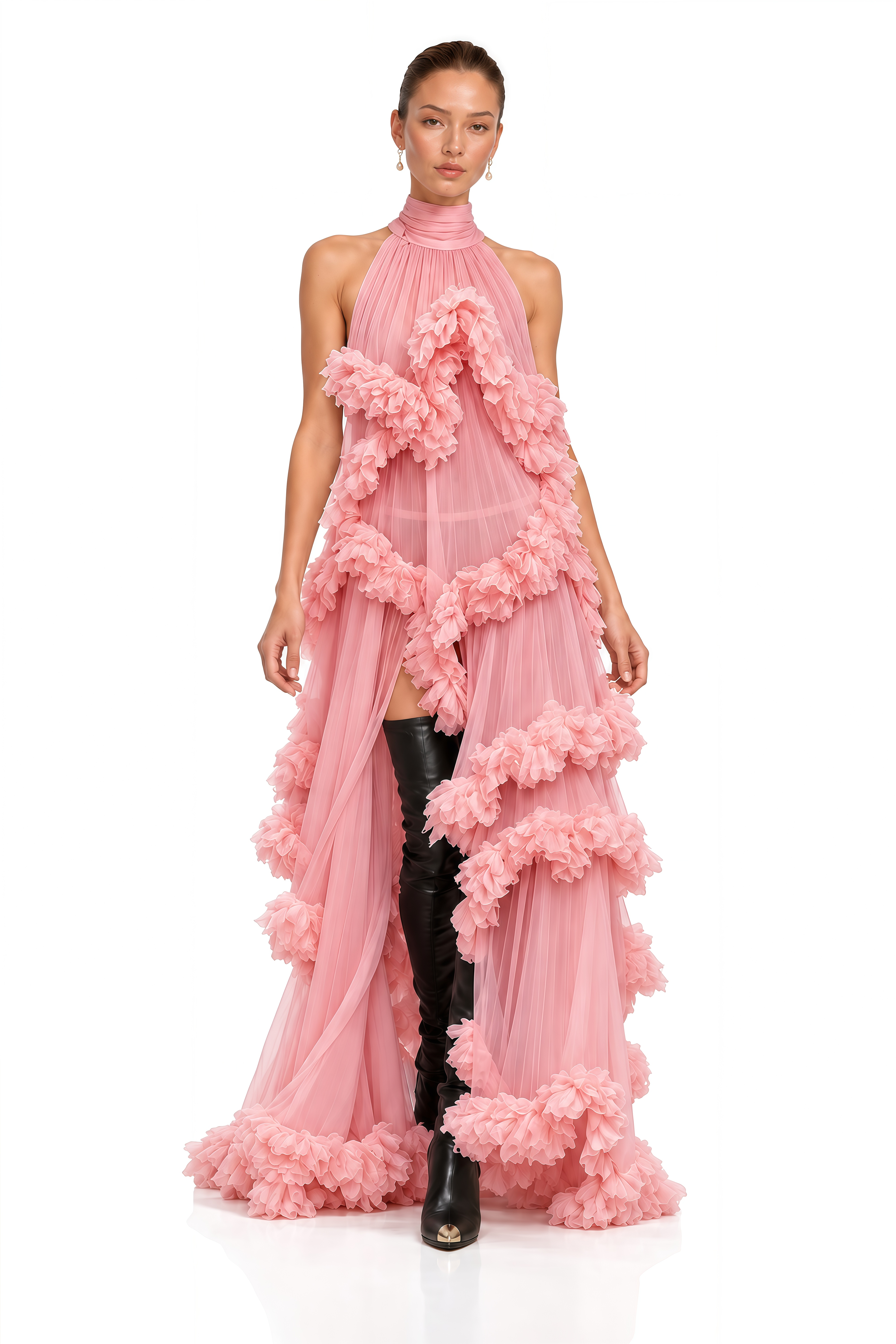 Anahere Pink Turtleneck Maxi Dress with Slit and 3D Florals