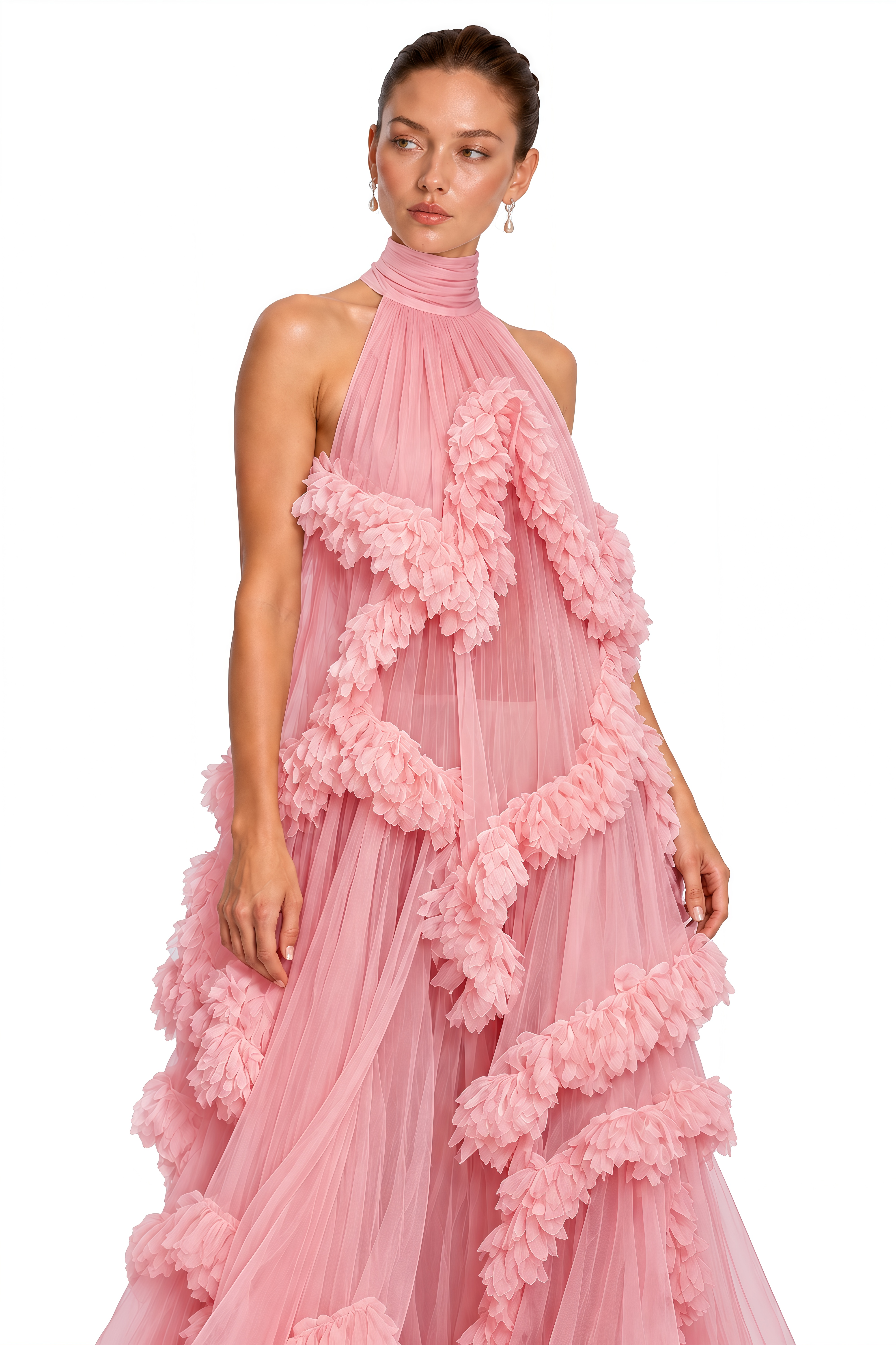 Anahere Pink Turtleneck Maxi Dress with Slit and 3D Florals