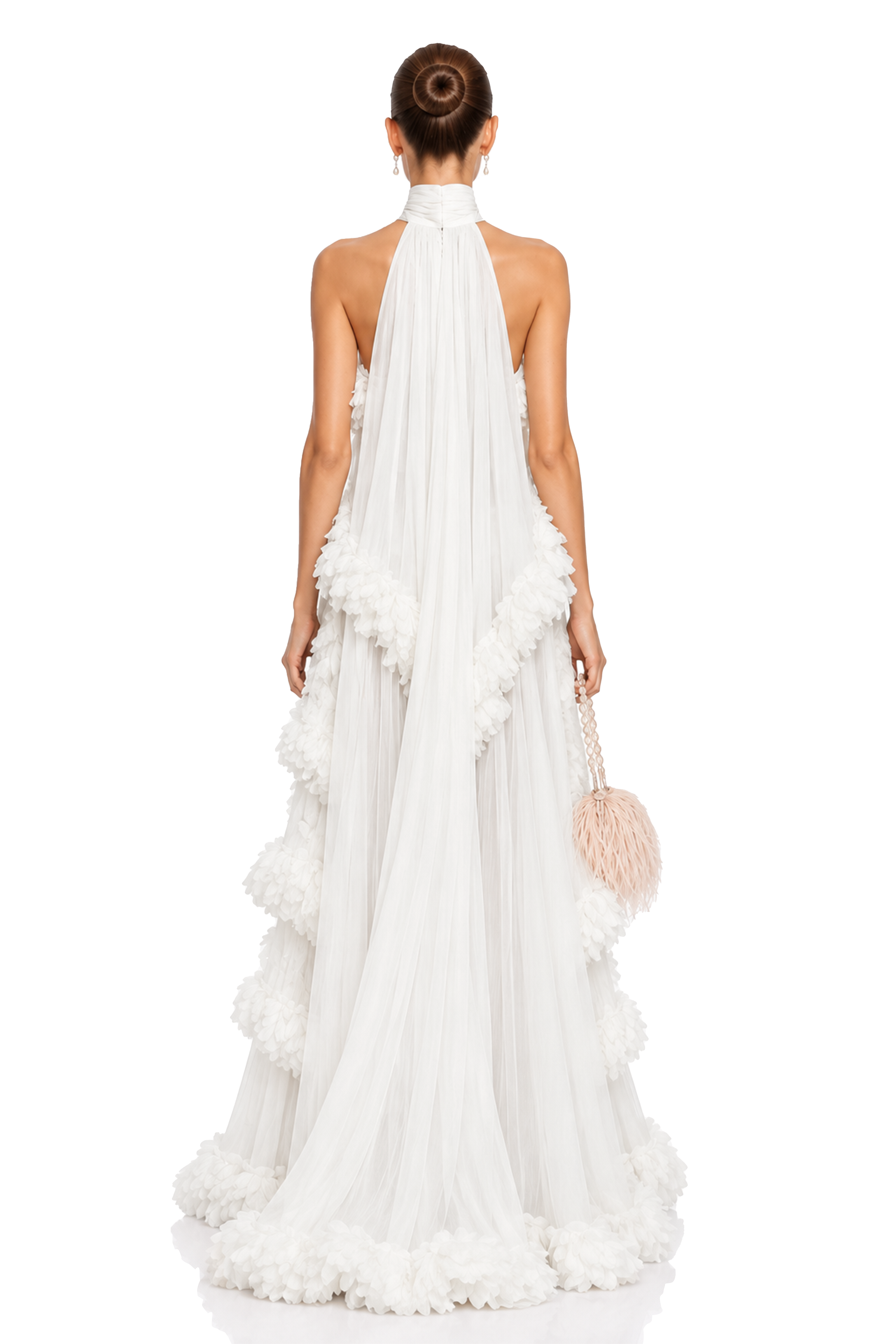Anahere White Turtleneck Maxi Dress with Slit and 3D Florals