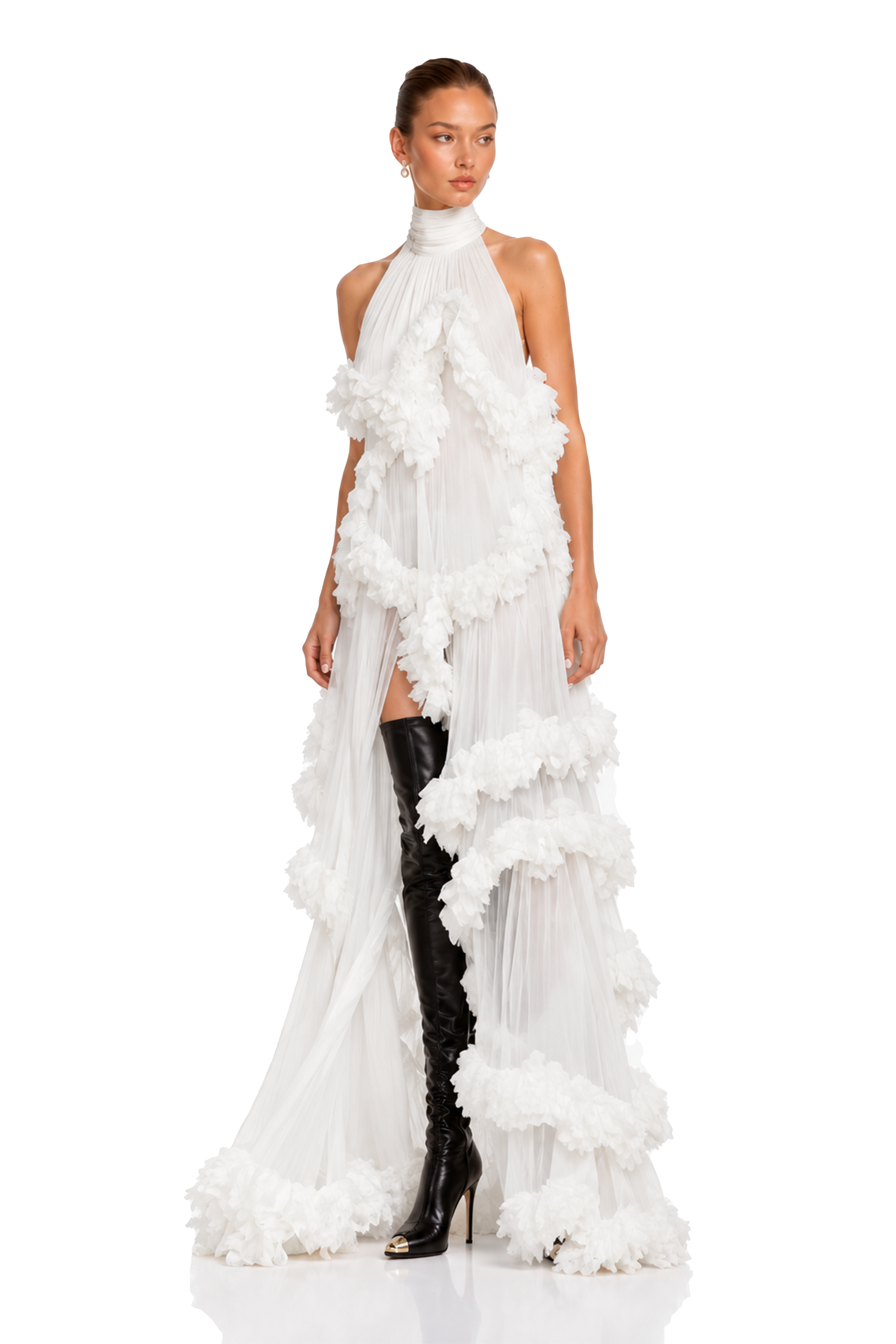 Anahere White Turtleneck Maxi Dress with Slit and 3D Florals