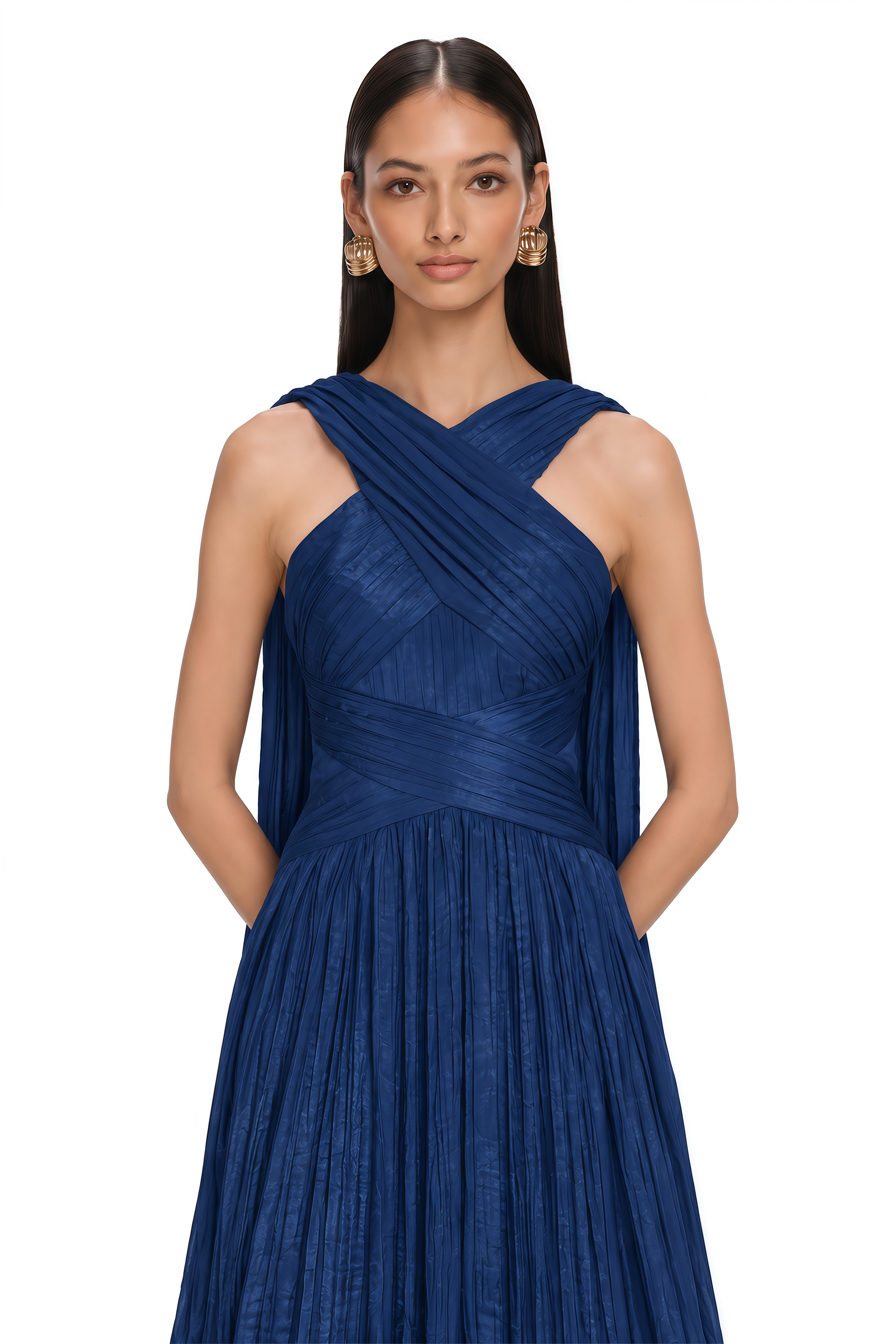 Anastasia Navy Blue Cross Neck Pleated Cape Maxi Dress
