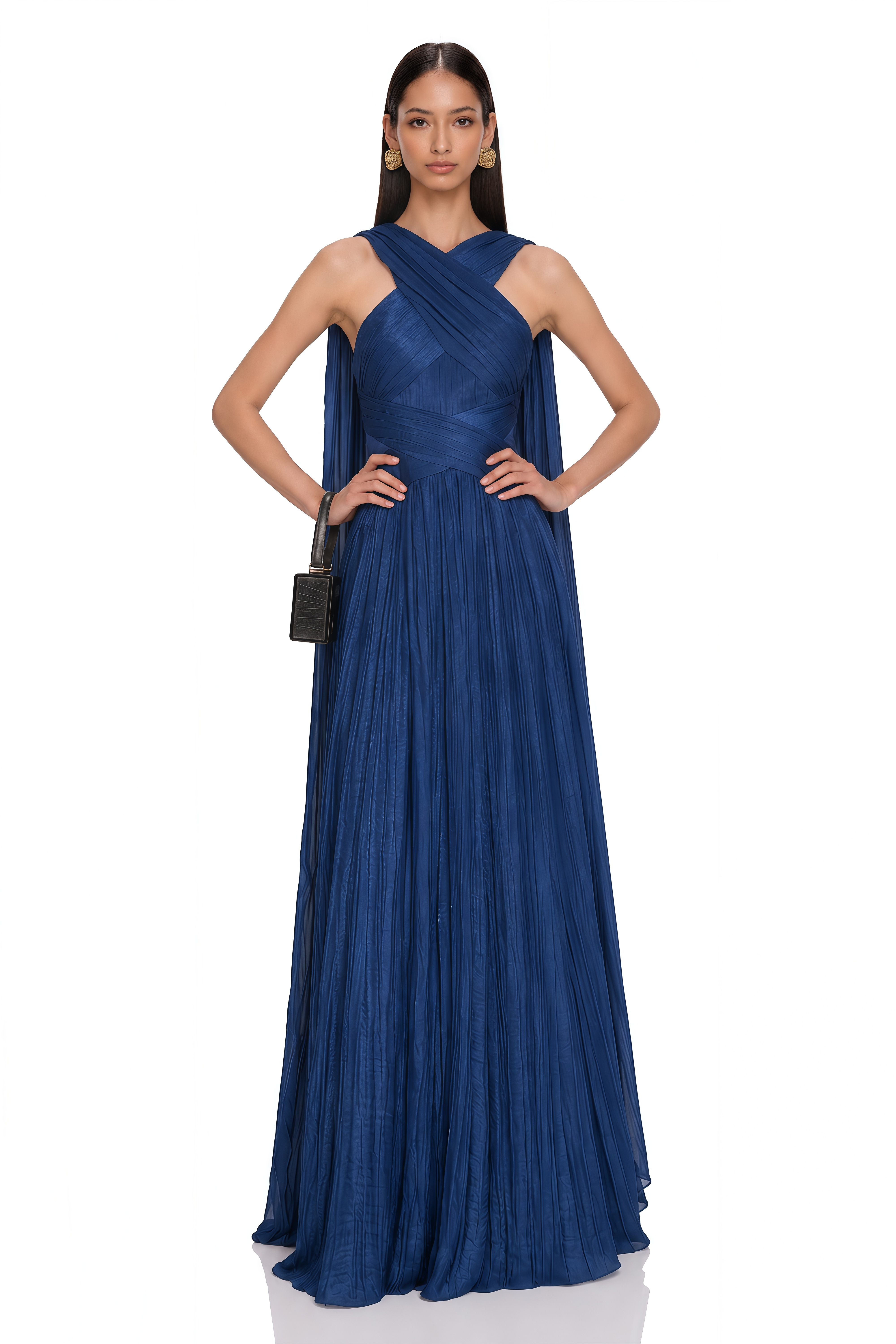 Anastasia Navy Blue Cross Neck Pleated Cape Maxi Dress
