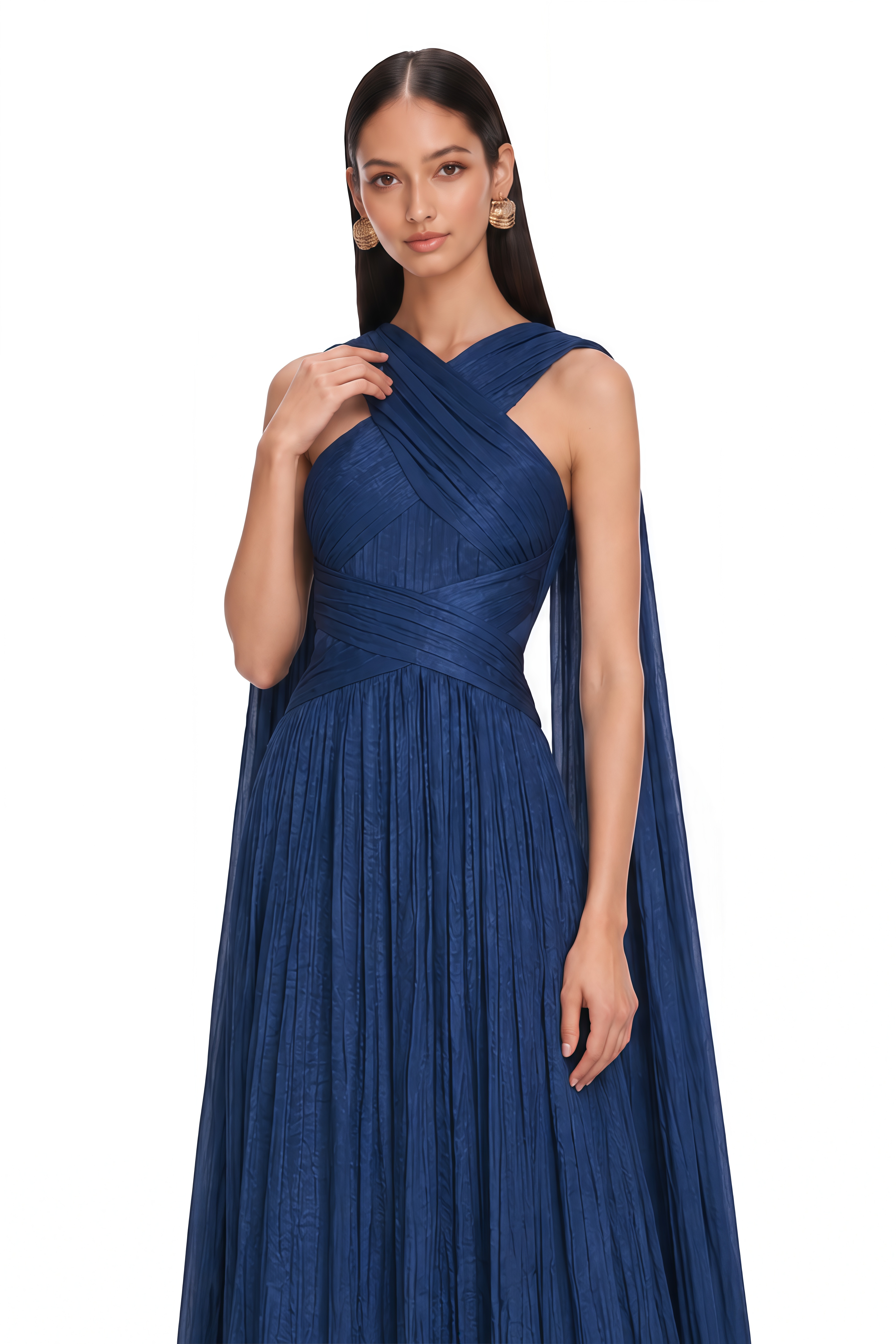 Anastasia Navy Blue Cross Neck Pleated Cape Maxi Dress