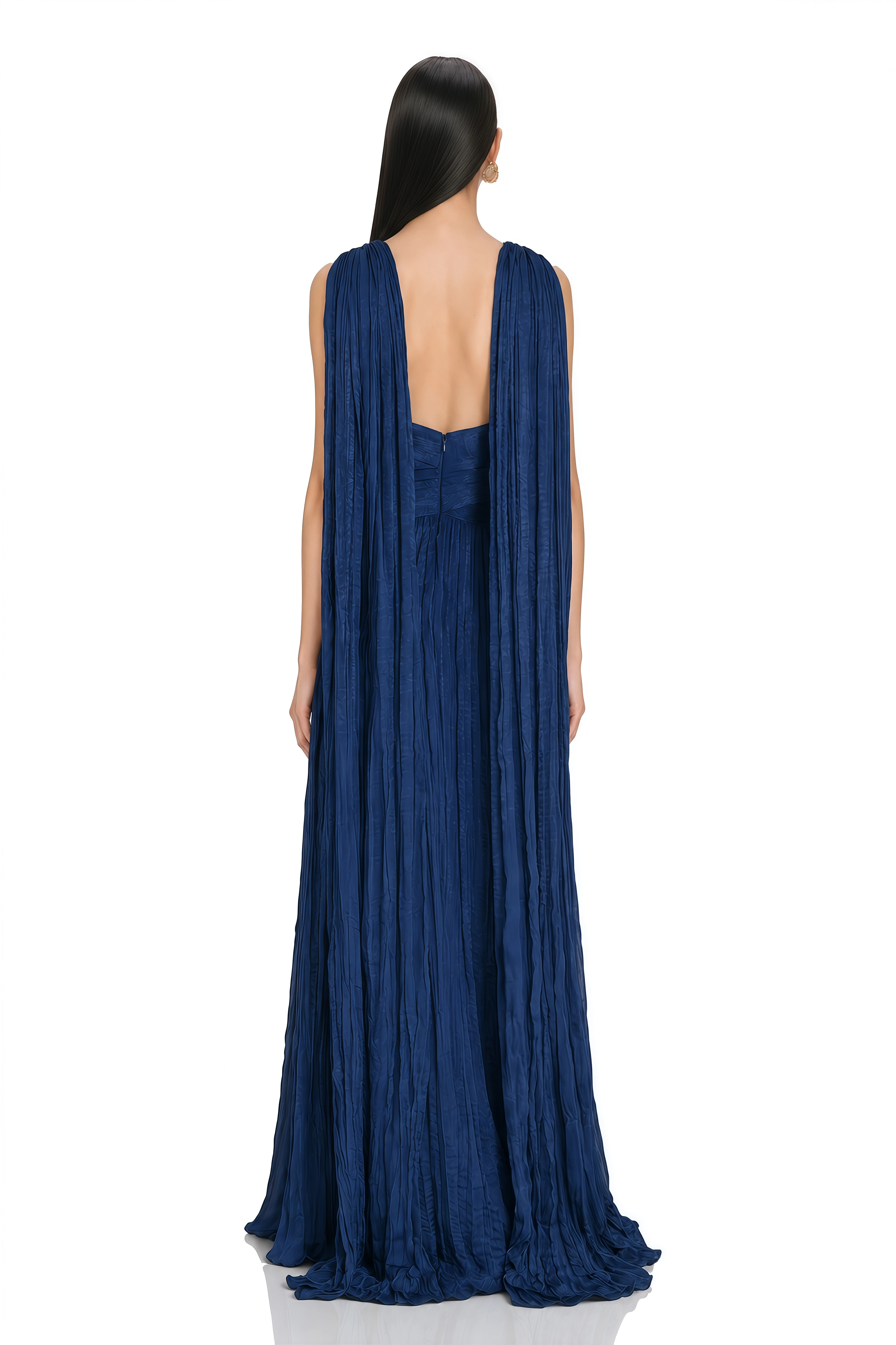 Anastasia Navy Blue Cross Neck Pleated Cape Maxi Dress