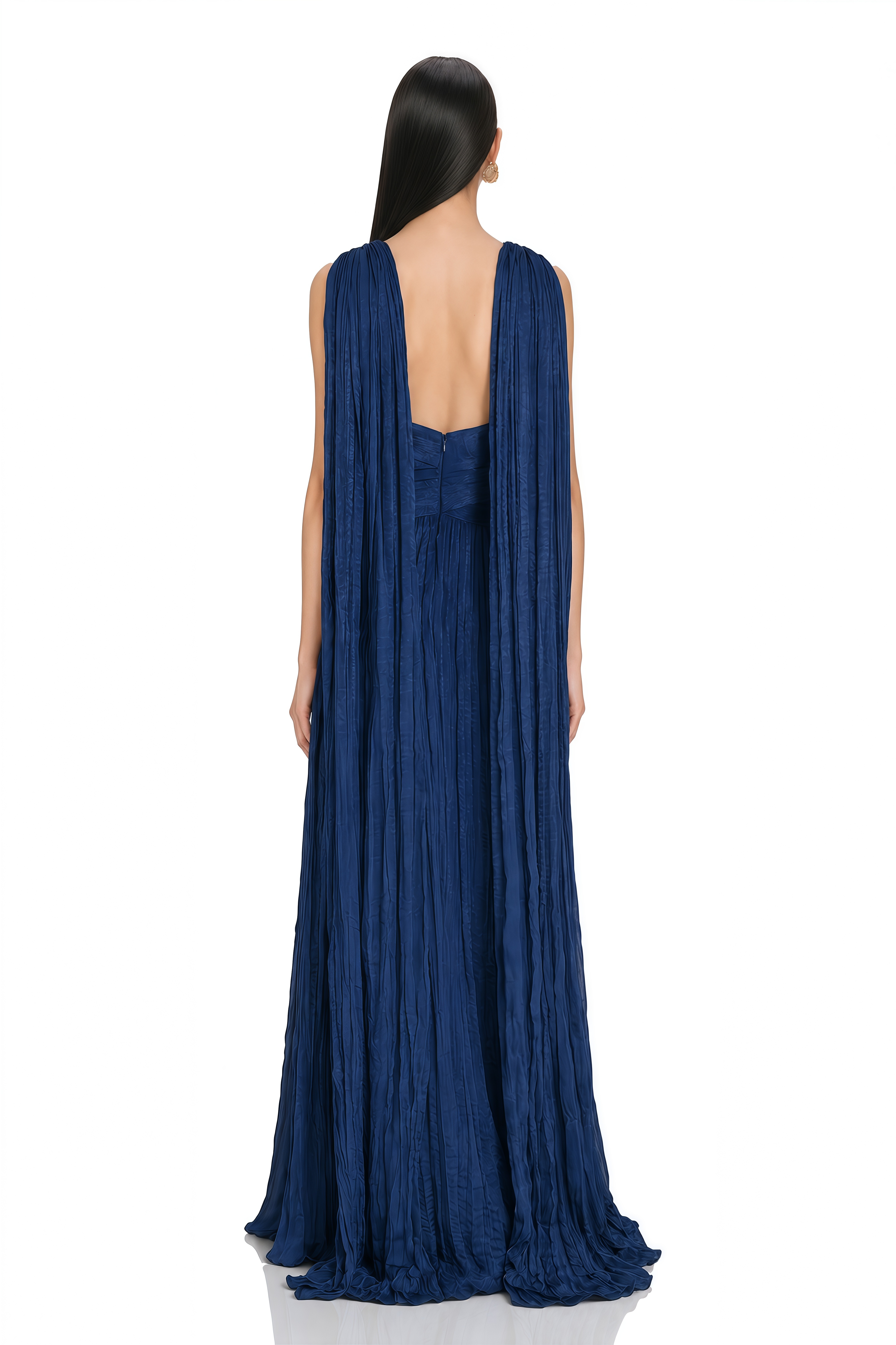 Anastasia Navy Blue Cross Neck Pleated Cape Maxi Dress