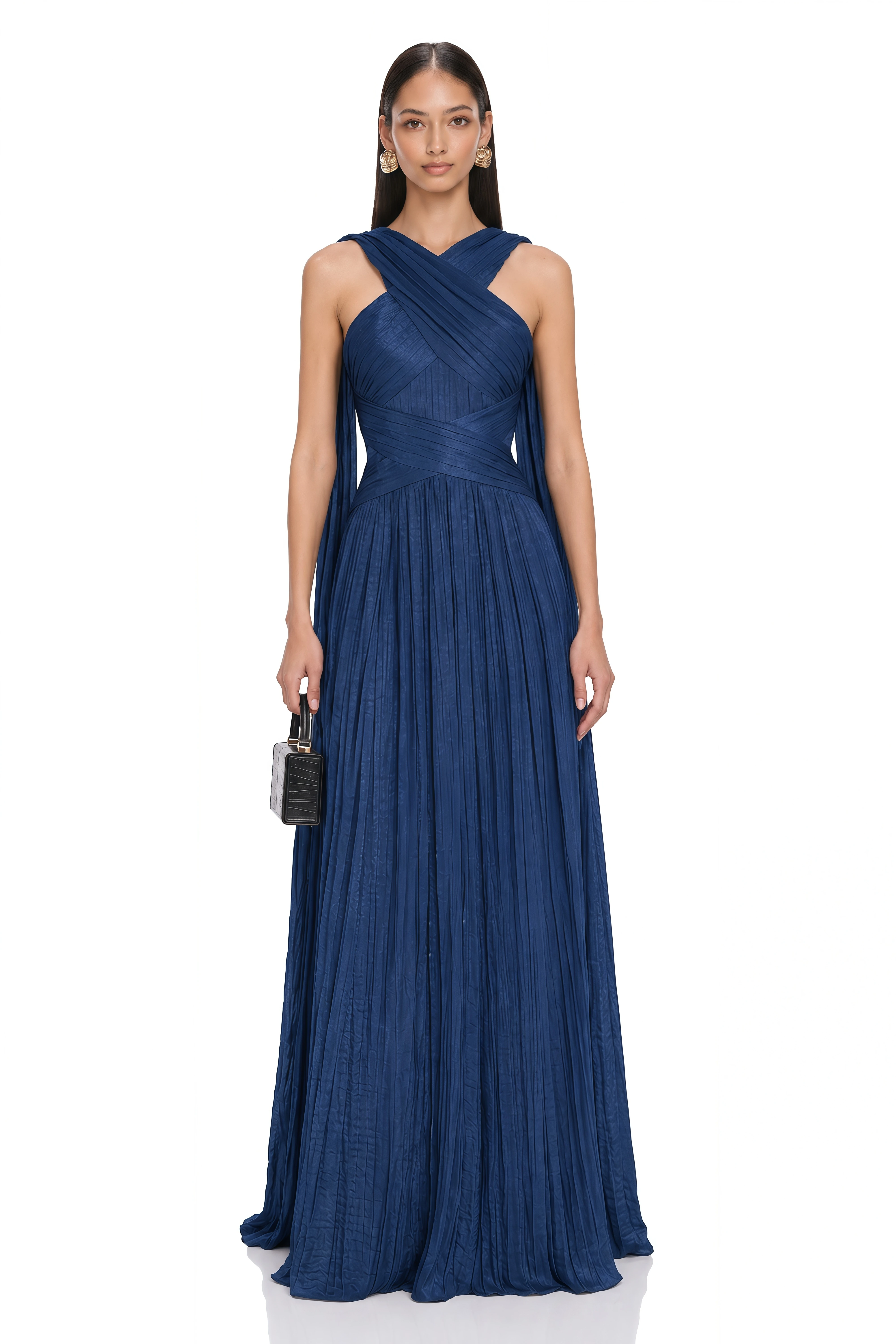 Anastasia Navy Blue Cross Neck Pleated Cape Maxi Dress