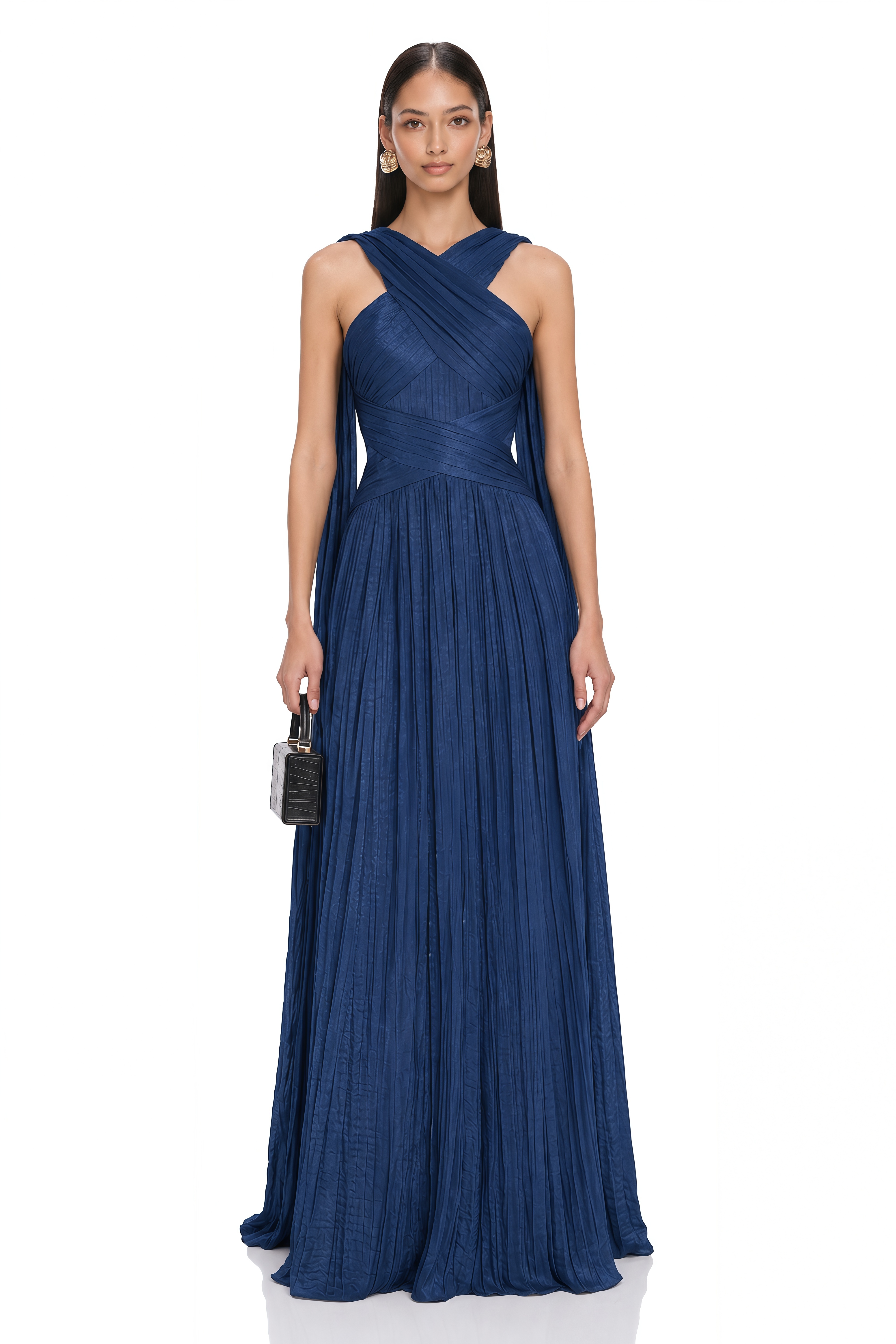 Anastasia Navy Blue Cross Neck Pleated Cape Maxi Dress