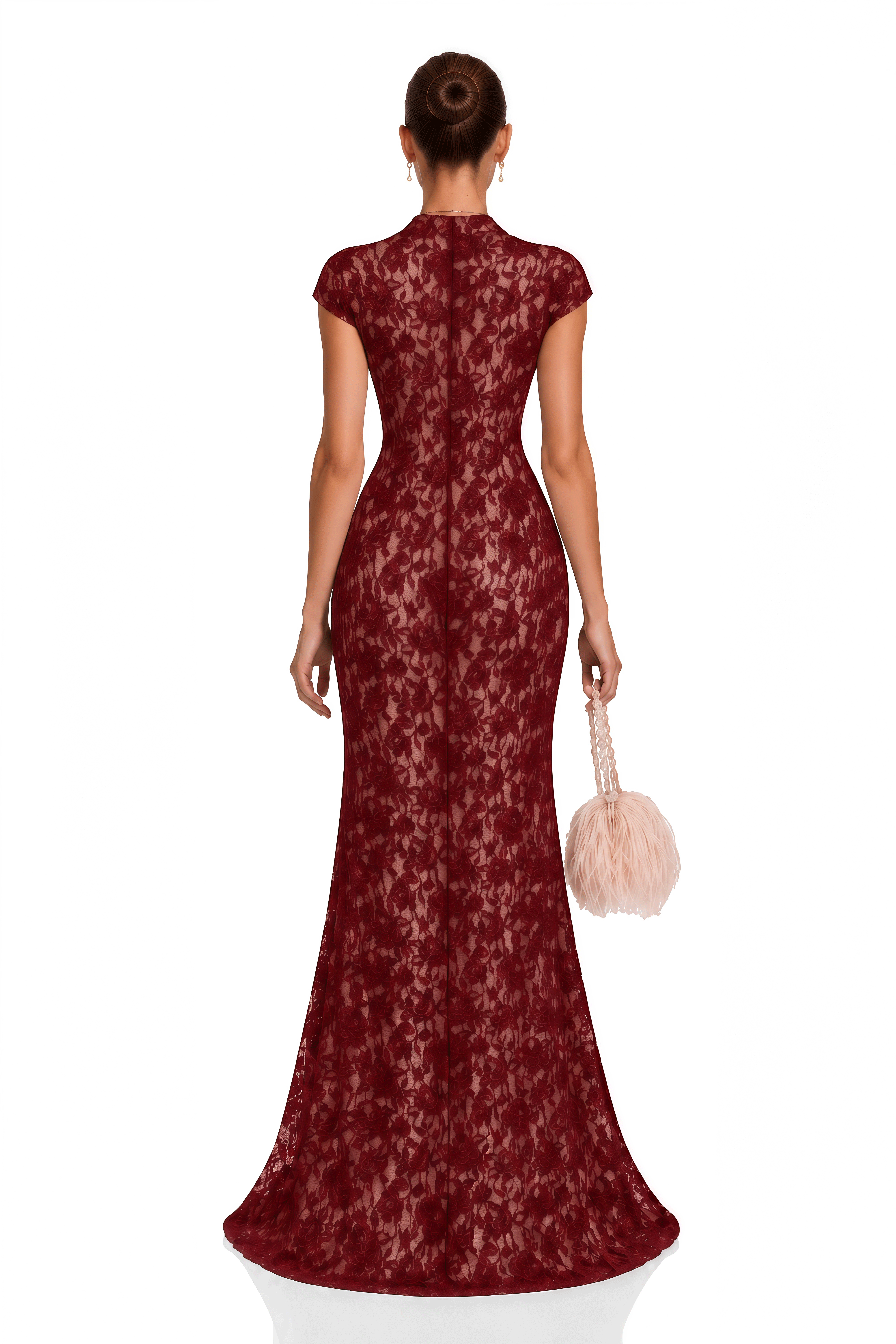 Andrea Burgundy Keyhole Lace Maxi Dress with High Thigh Slit