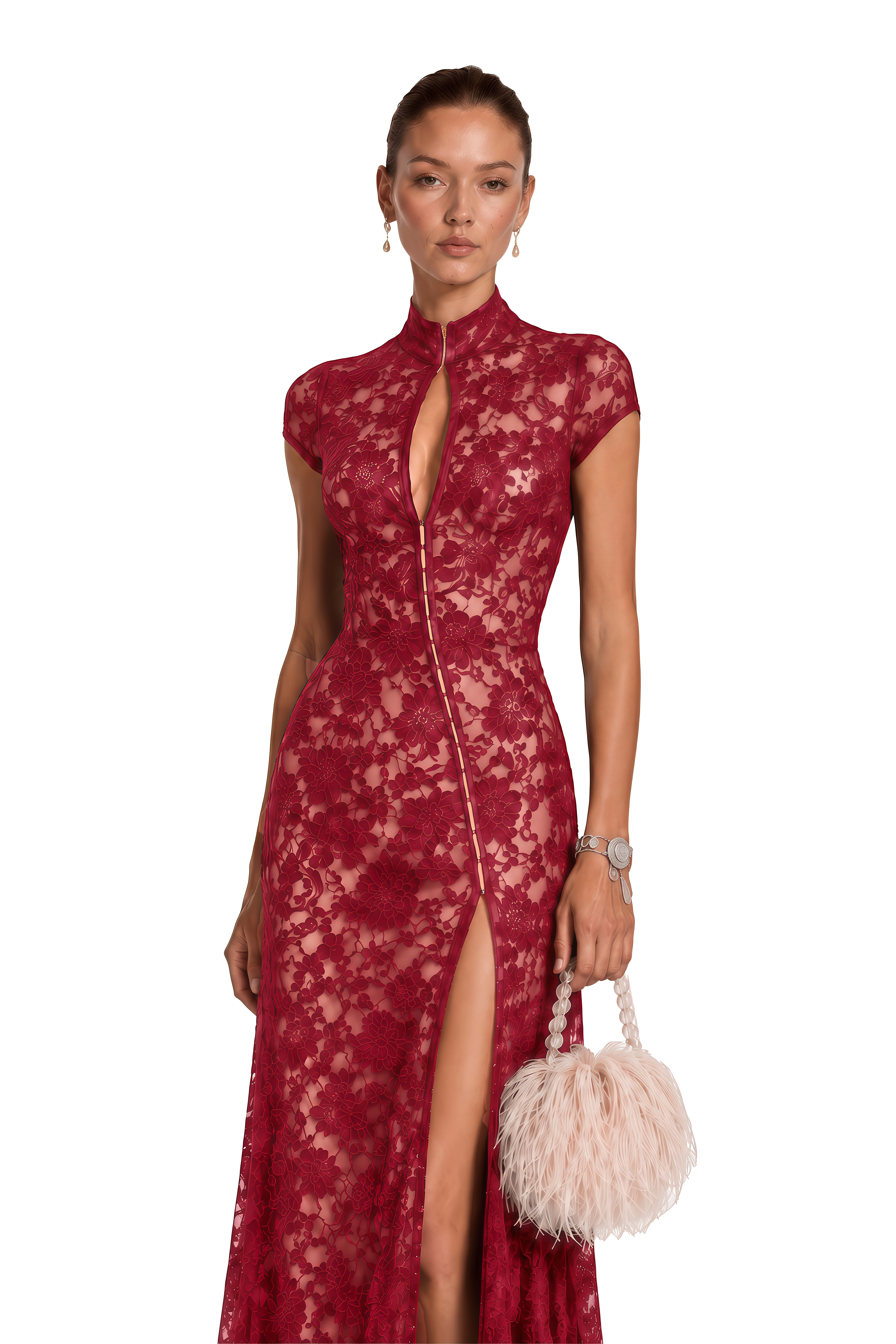 Andrea Burgundy Keyhole Lace Maxi Dress with High Thigh Slit