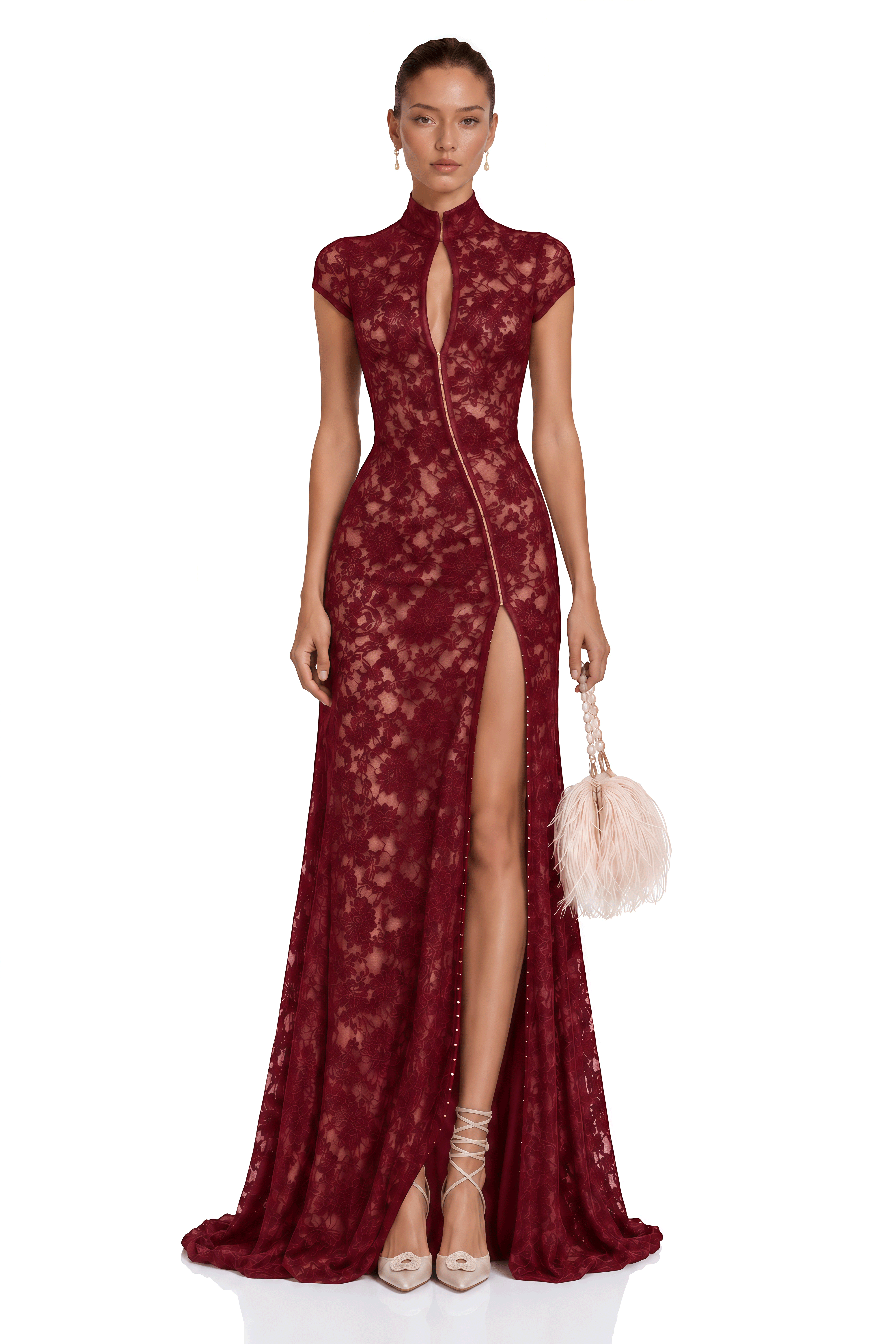 Andrea Burgundy Keyhole Lace Maxi Dress with High Thigh Slit