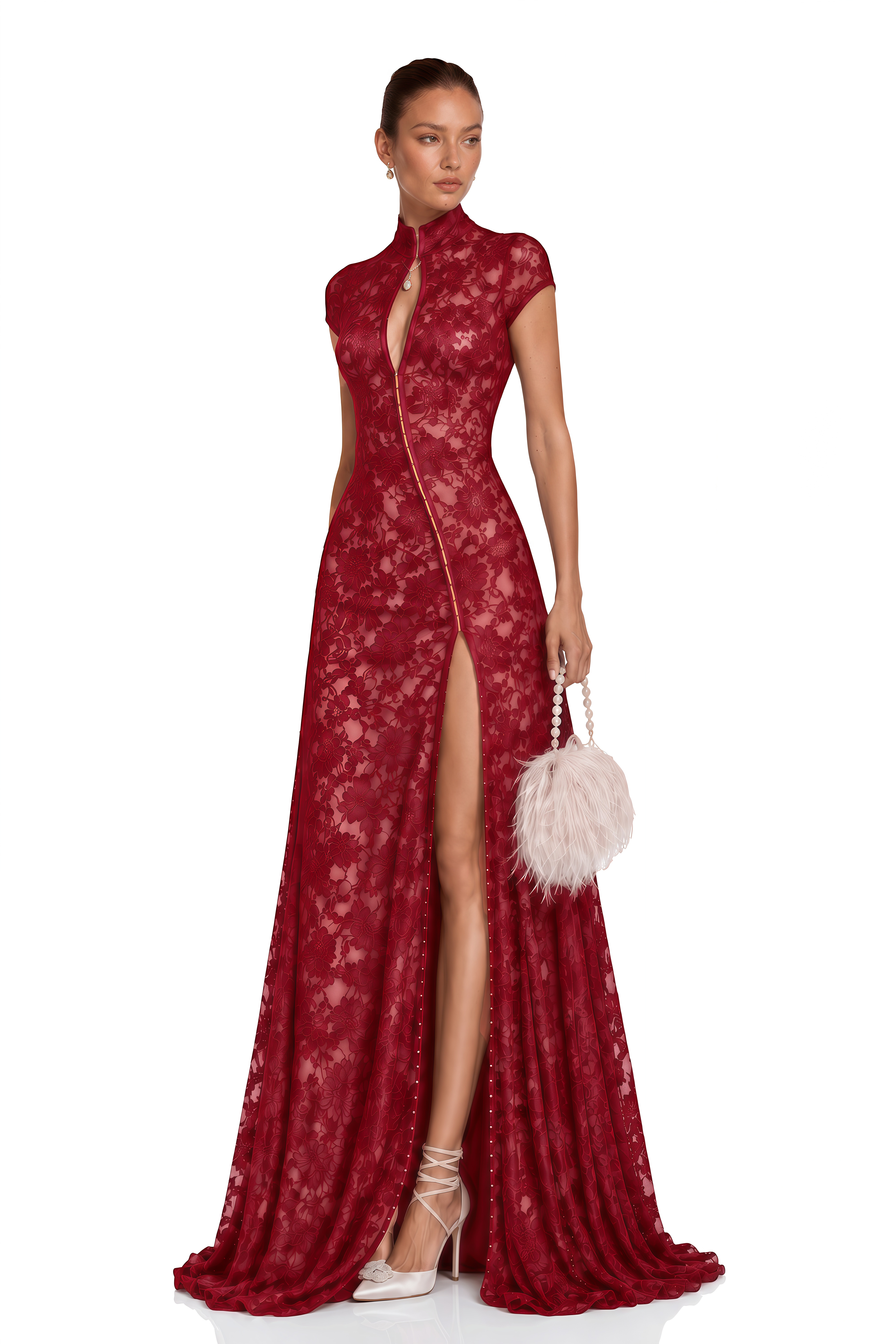 Andrea Burgundy Keyhole Lace Maxi Dress with High Thigh Slit