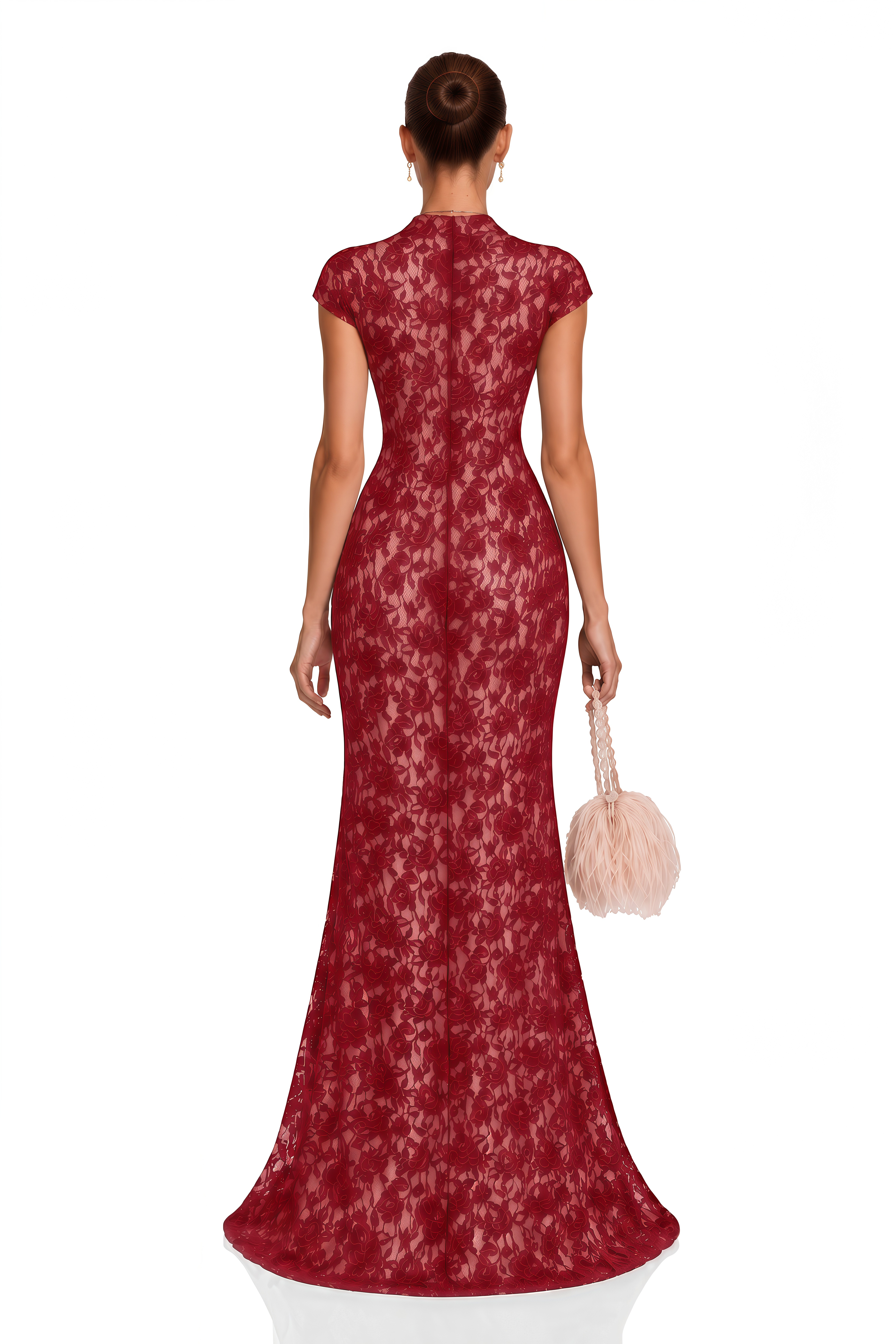 Andrea Burgundy Keyhole Lace Maxi Dress with High Thigh Slit