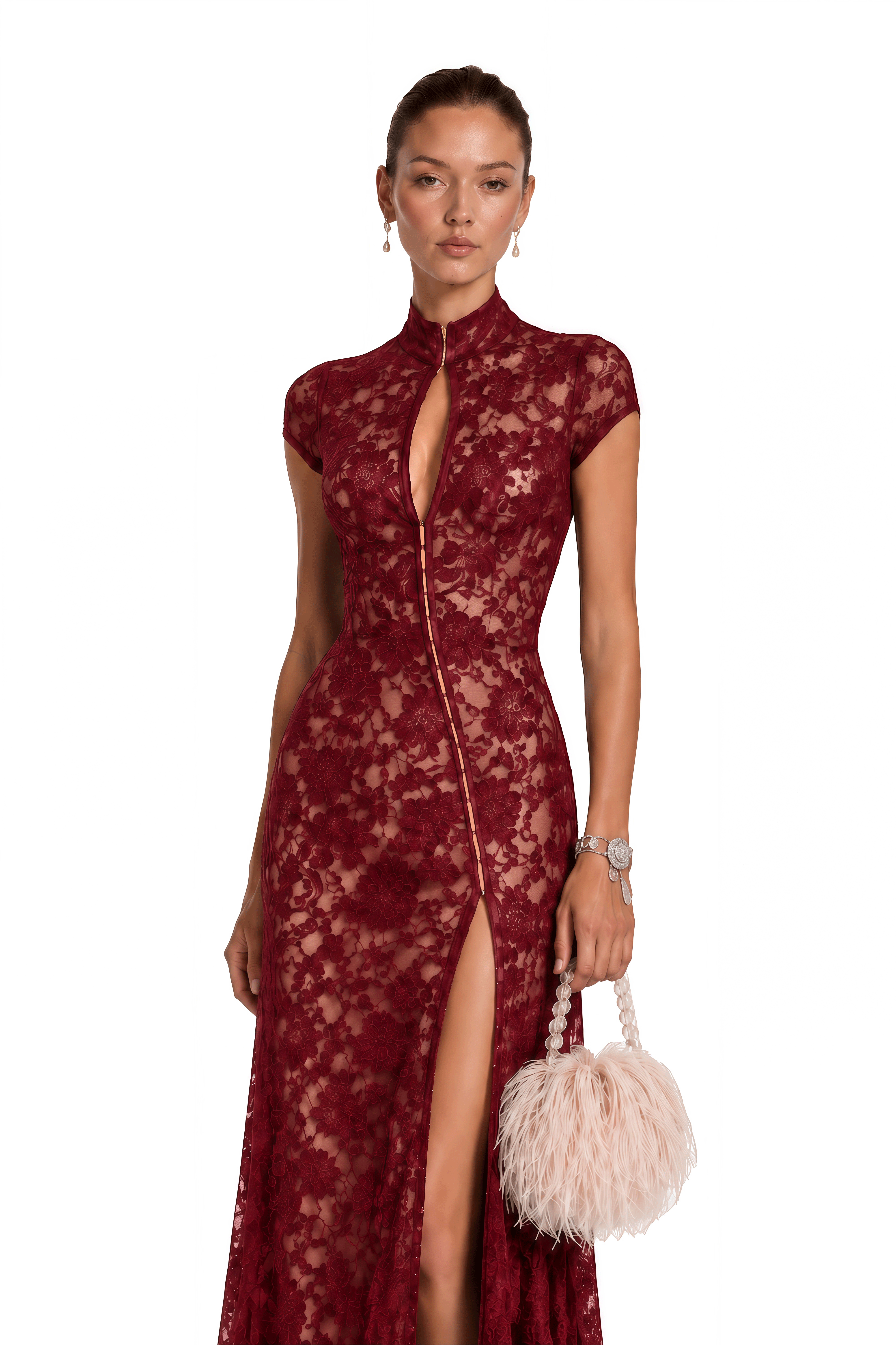 Andrea Burgundy Keyhole Lace Maxi Dress with High Thigh Slit