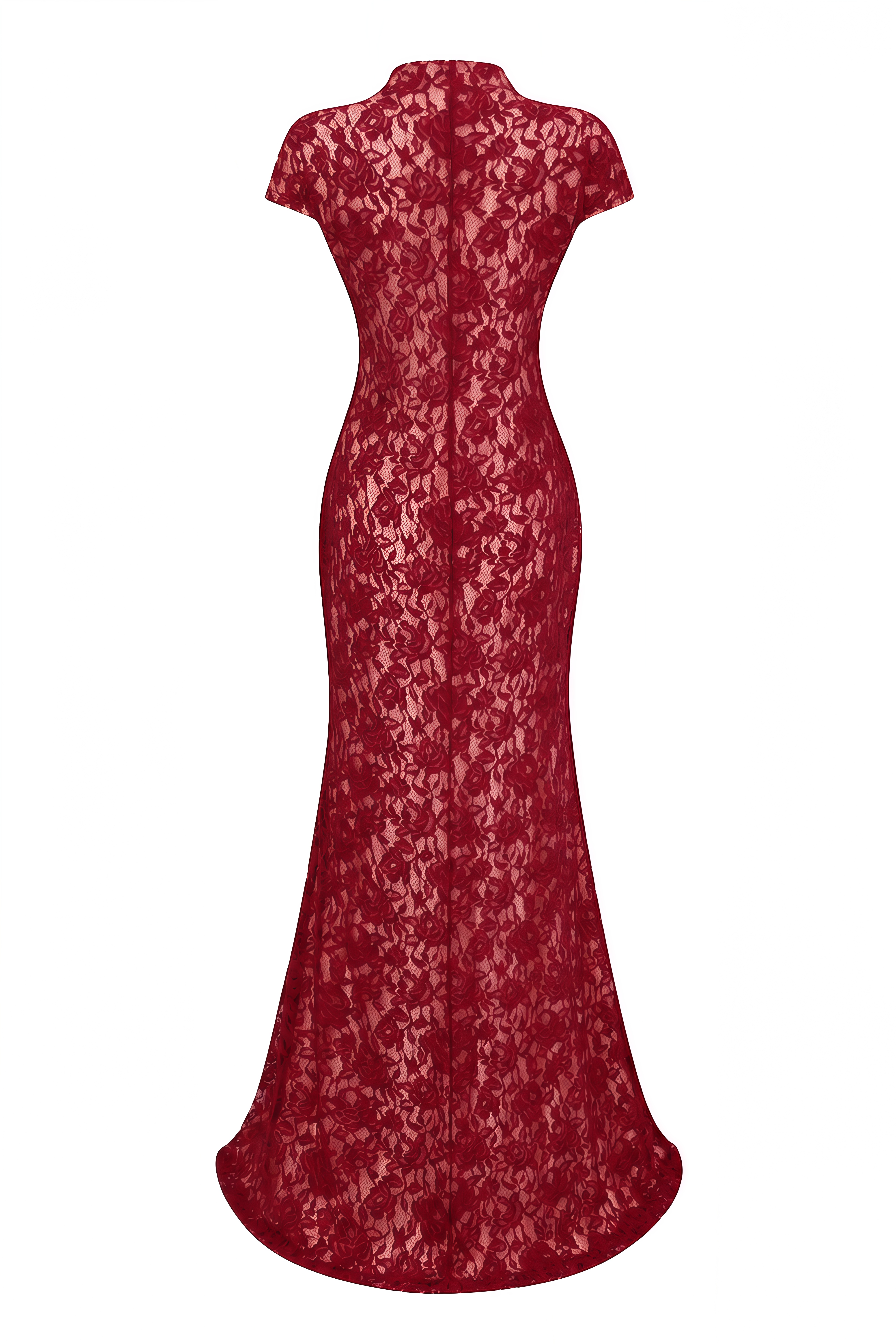 Andrea Burgundy Keyhole Lace Maxi Dress with High Thigh Slit