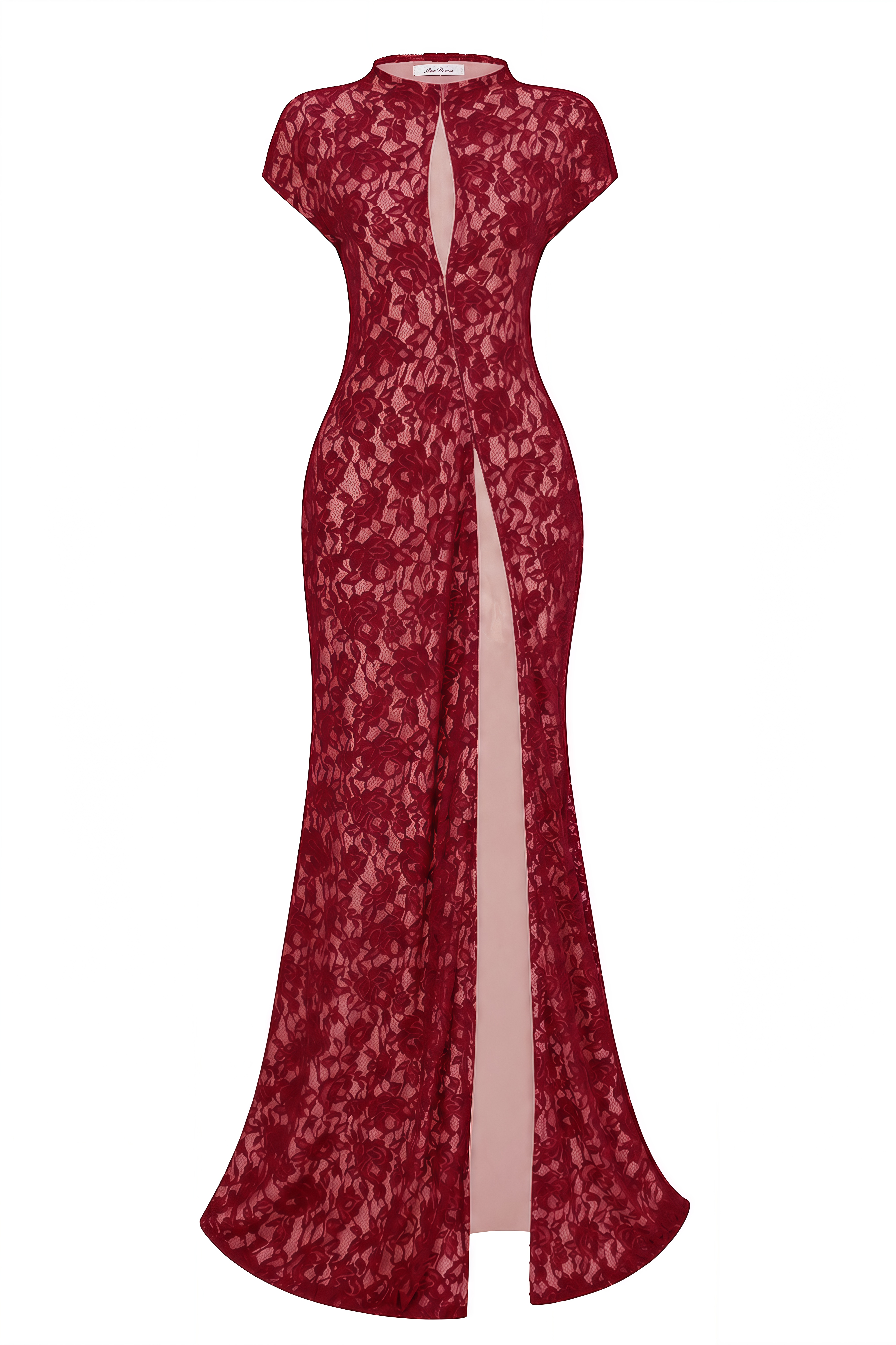 Andrea Burgundy Keyhole Lace Maxi Dress with High Thigh Slit