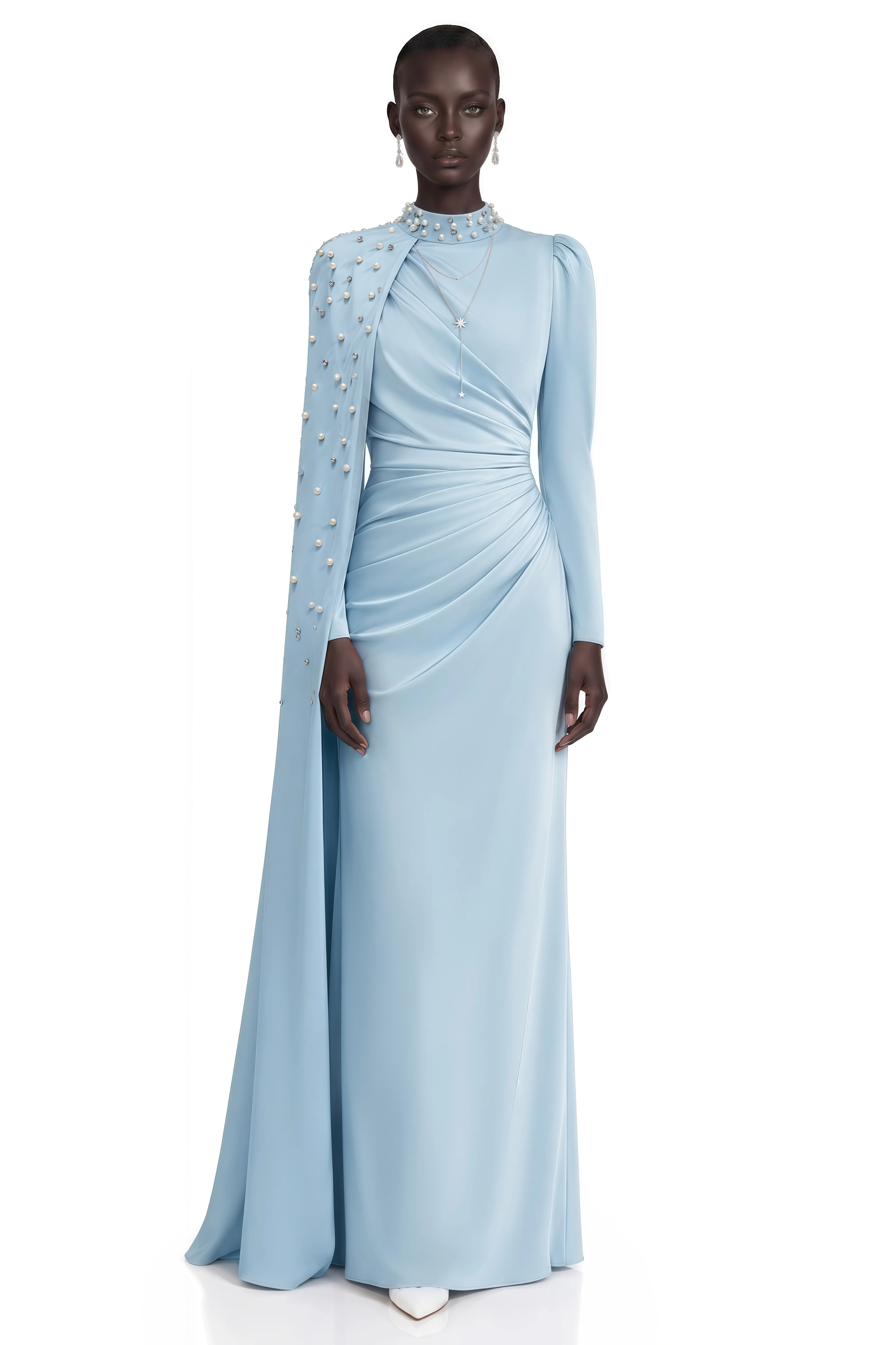 Andreea Blue Cape Maxi Dress with Embellishment