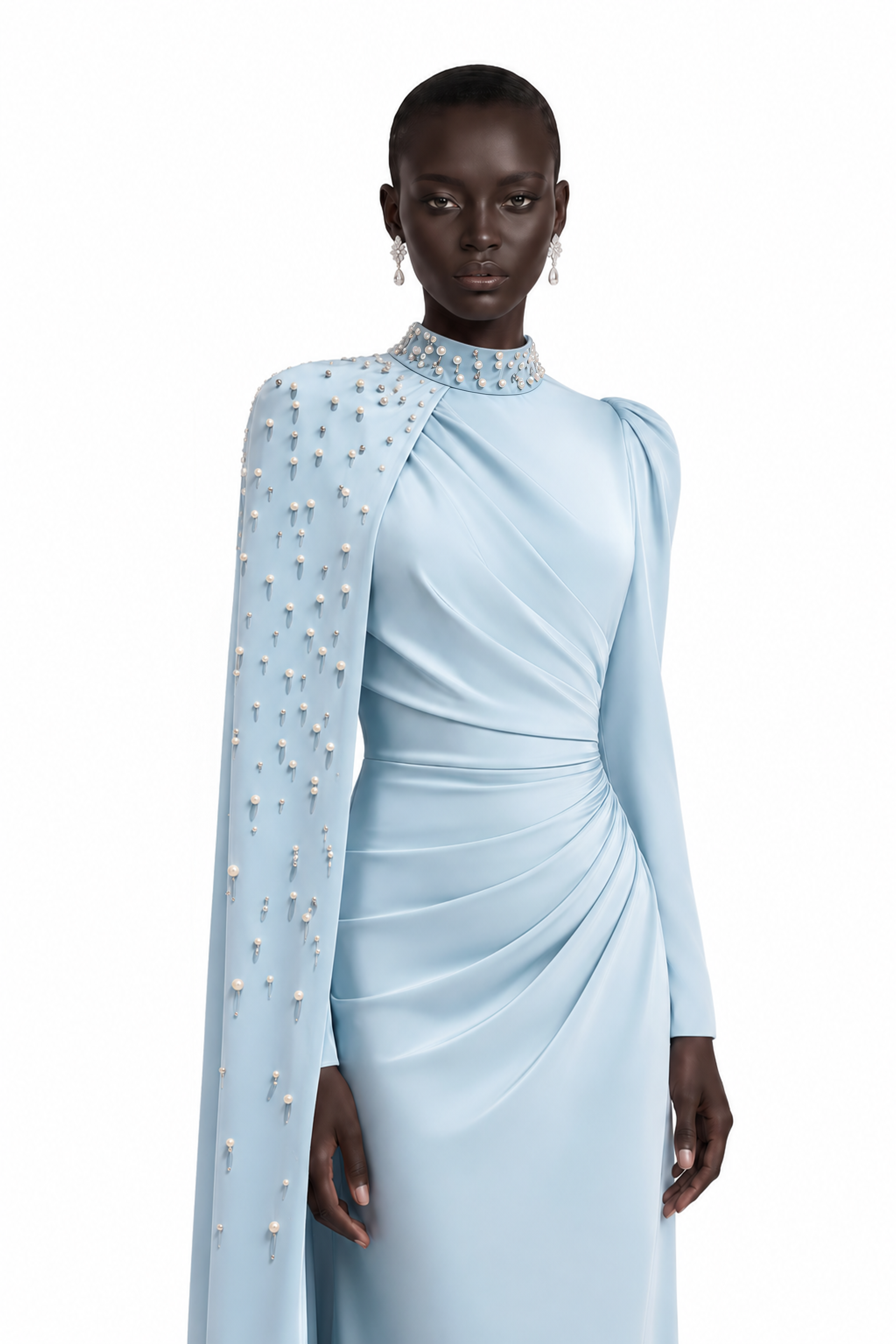 Andreea Blue Cape Maxi Dress with Embellishment