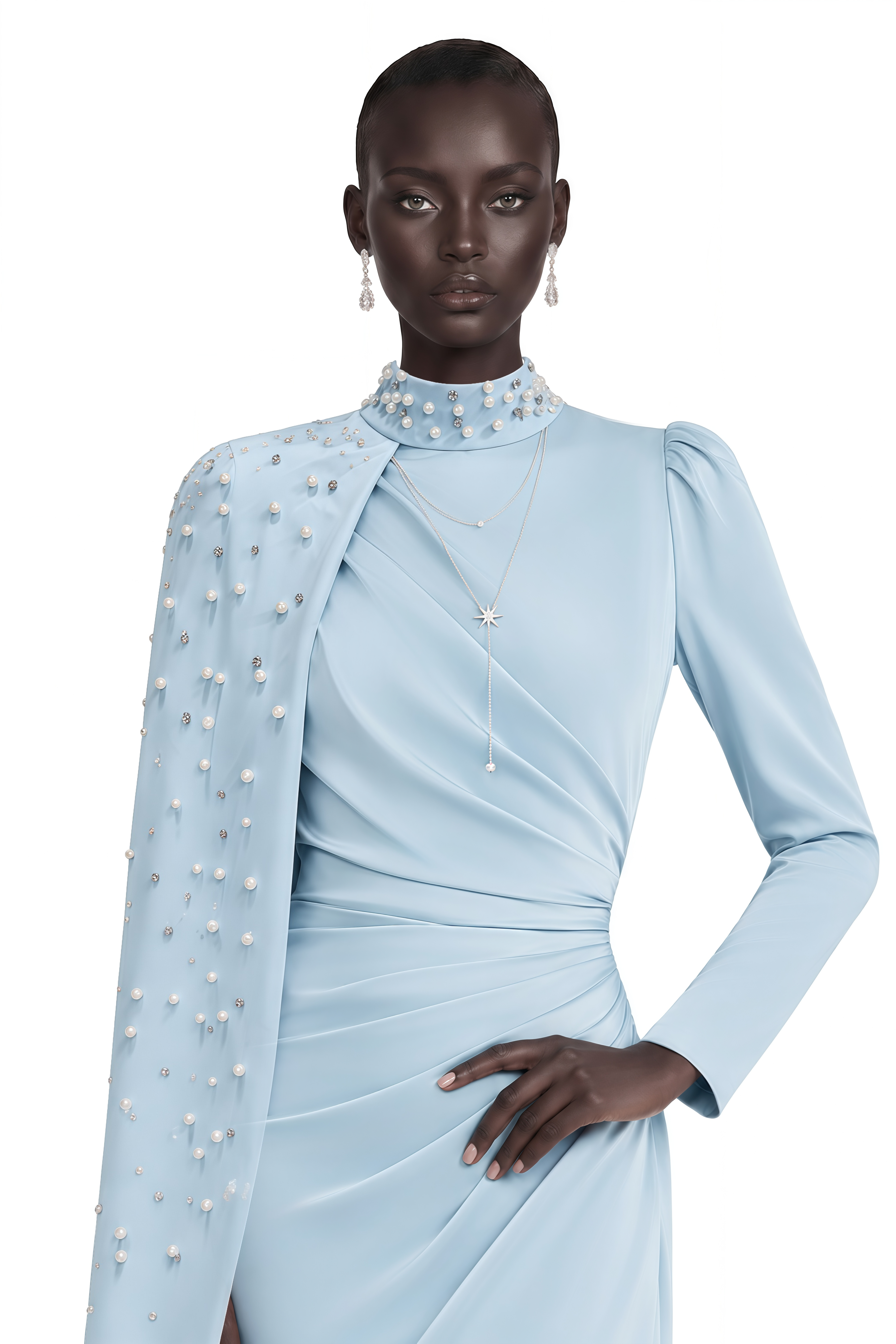 Andreea Blue Cape Maxi Dress with Embellishment