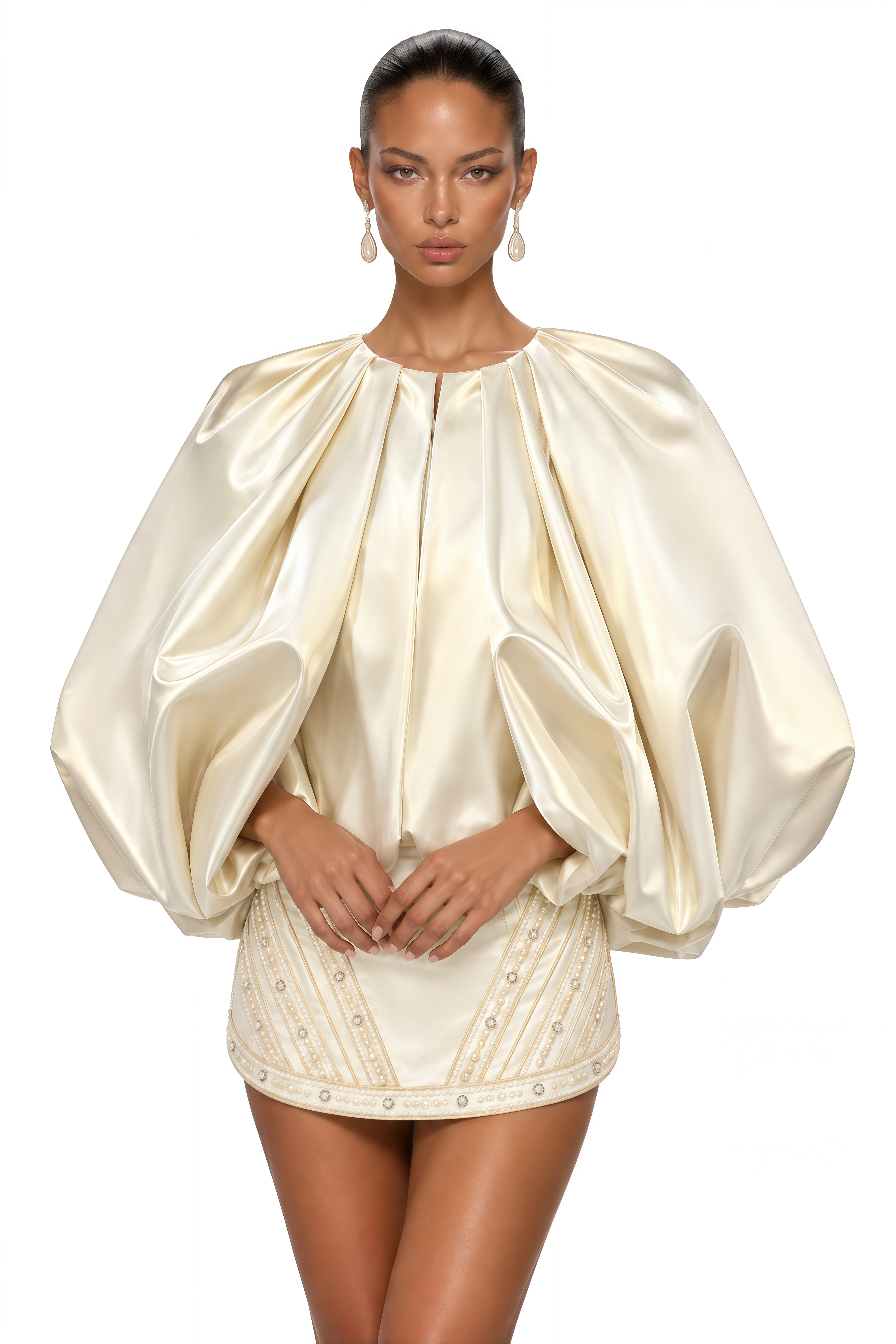 Aneira Ivory Sculptural Balloon Sleeve Satin Top